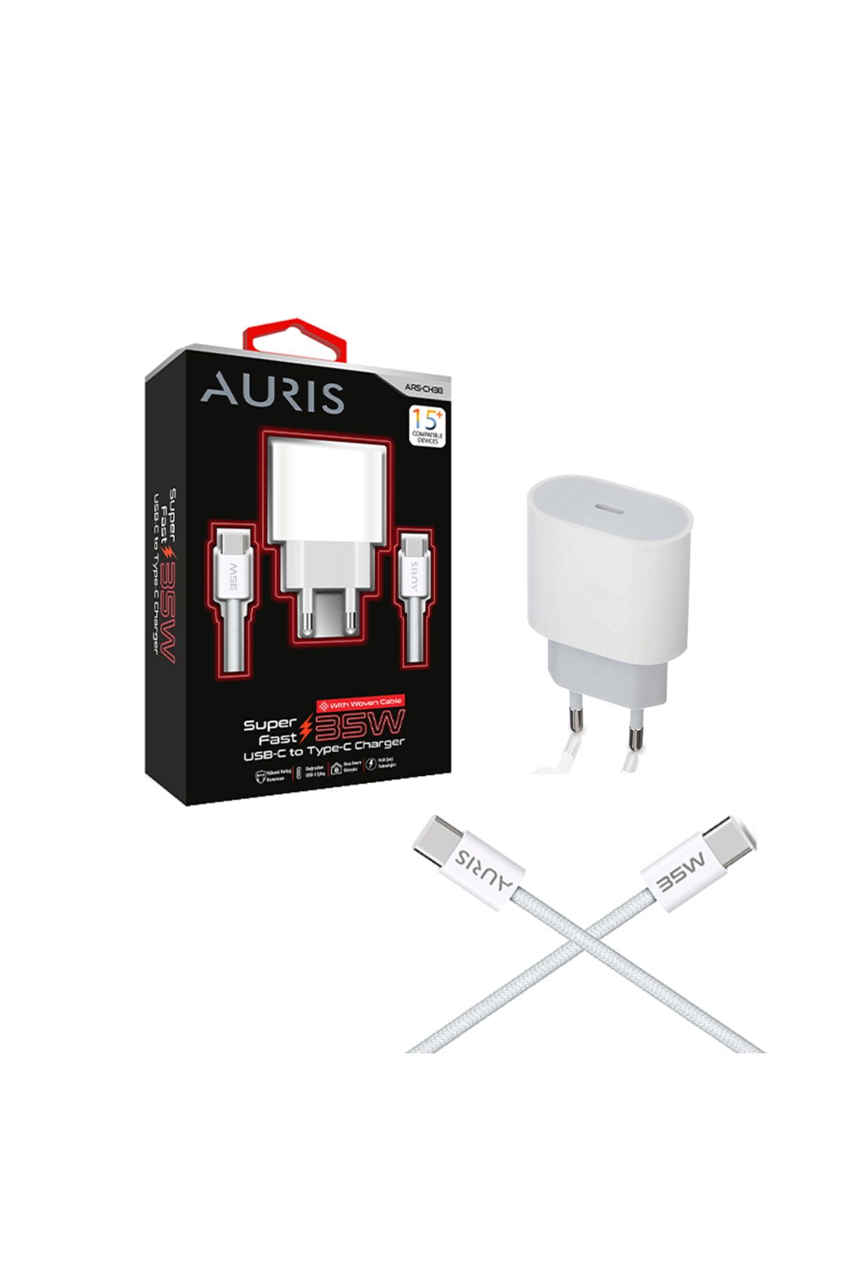 Auris CH38 Type-C to Type-C Şarj Aleti Seti 35W i(Phone 15 Uyumlu)