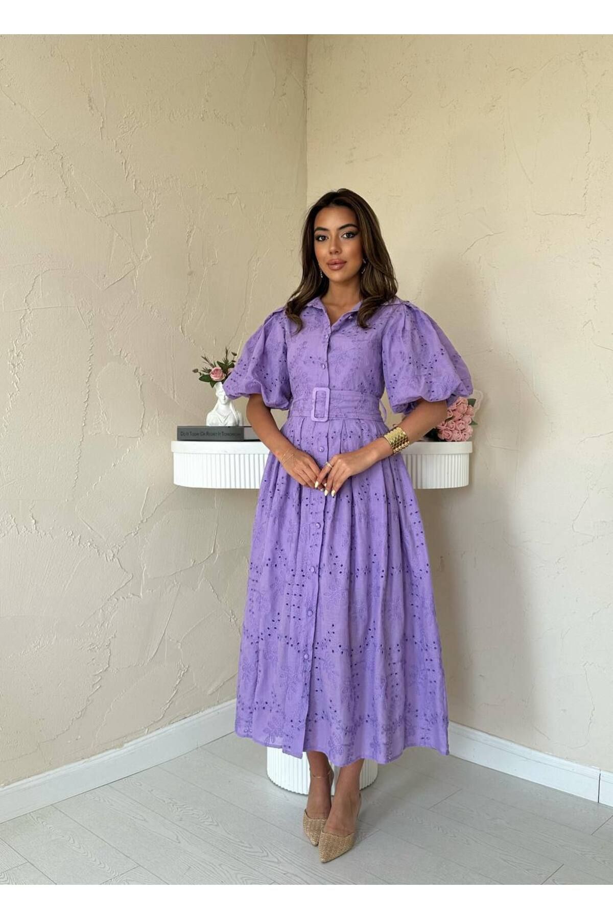 Castivo Fashion Yaz Bahçesi Broderie Kemerli Gömlek Yaka Elbise