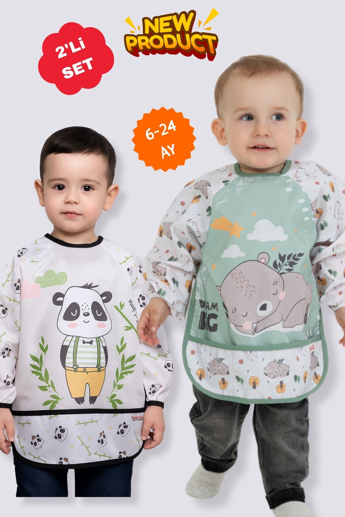 BibKing 2'Li Uzun Kollu Giyilebilir Panda-Koala Desen Sıvı Geçirmez Aktivite ve Mama Önlüğü