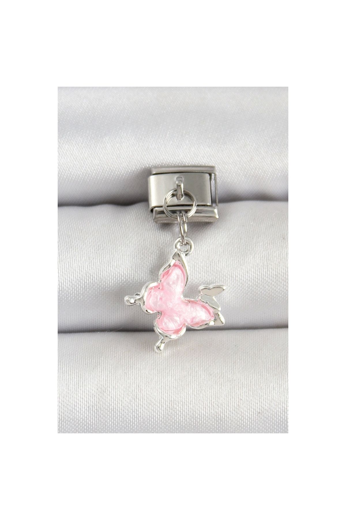 Narnuga 316L Çelik Gümüş Renk Pembe Kelebek Model Nomination Charm - TJ-BC1512