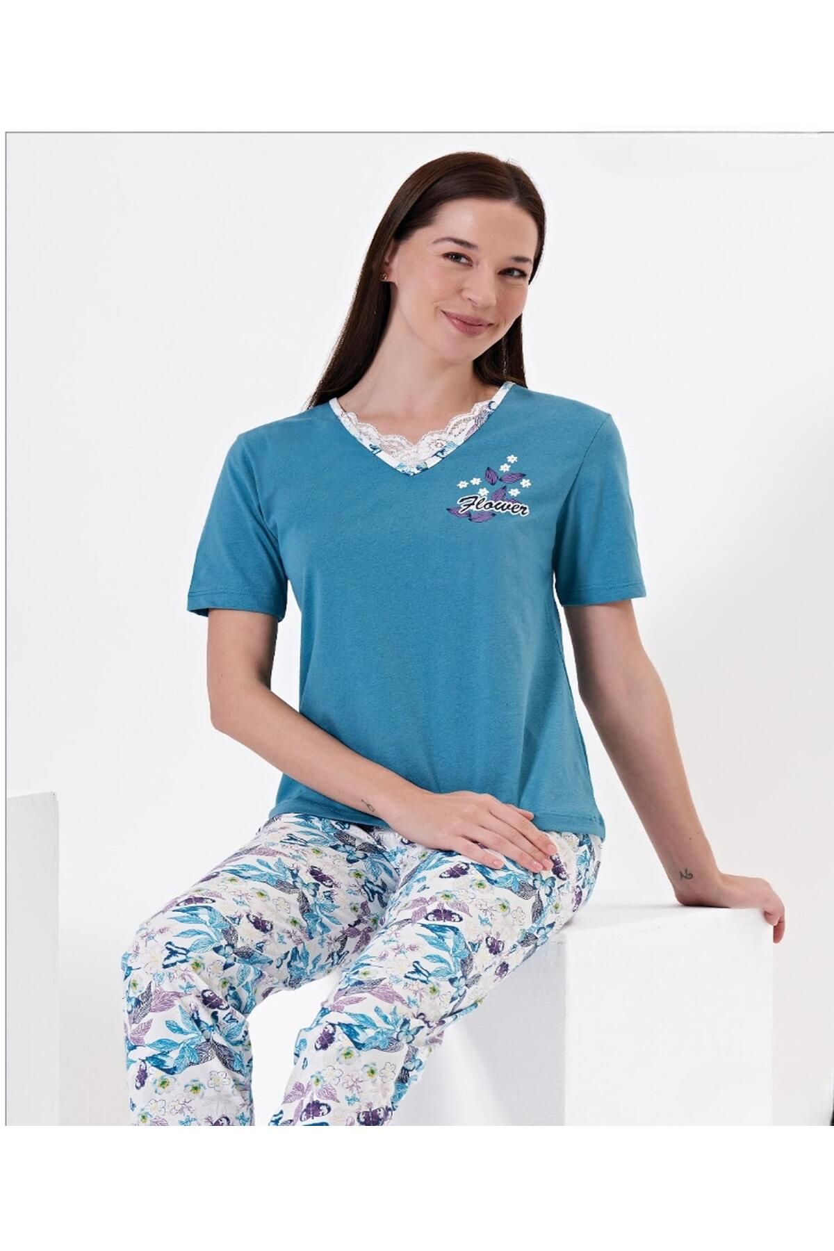 Miss Klein Kadın V Yaka Pamuklu Likralı Kısa Kol Pijama Takımı 1109 - 1 Adet