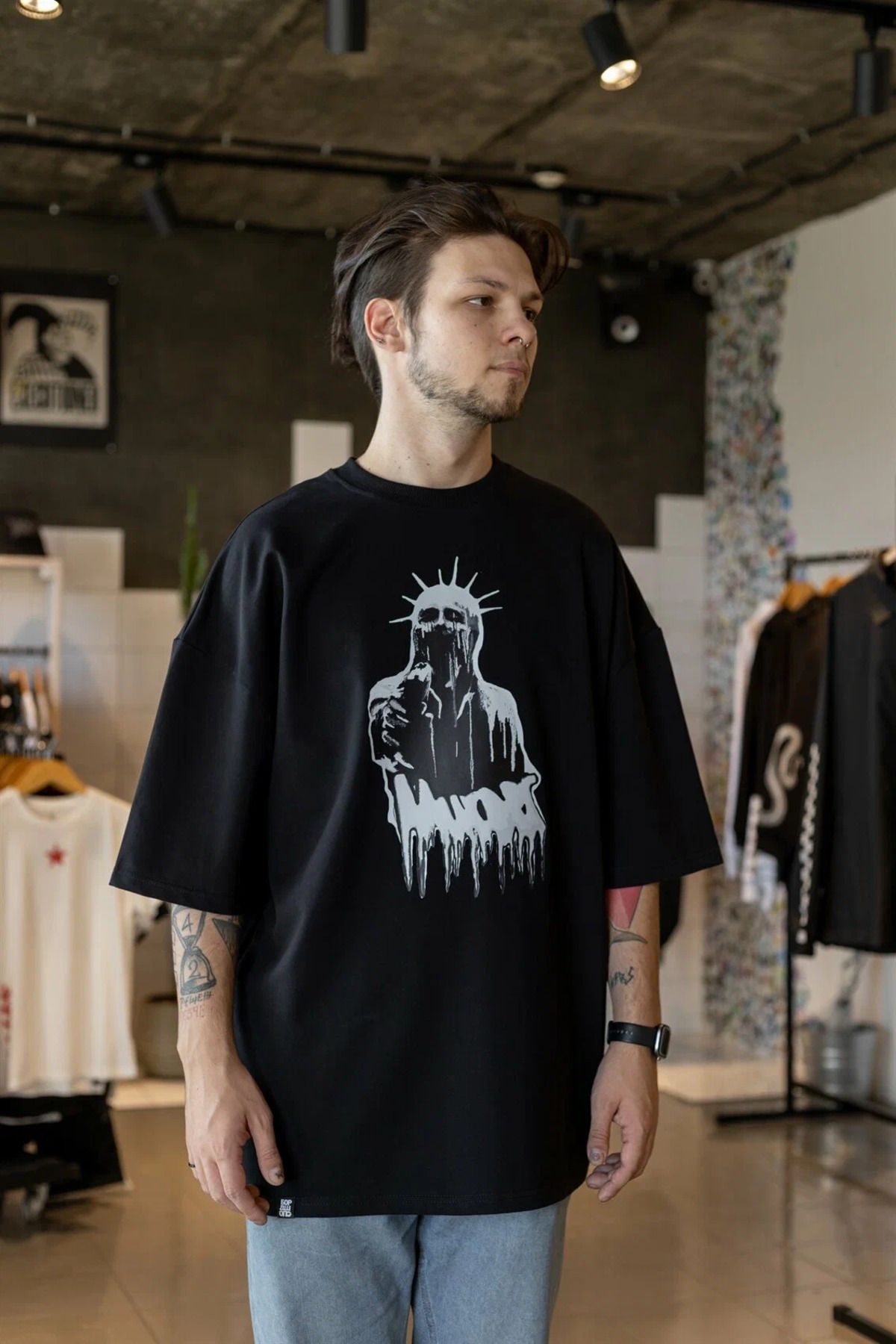 ELNOYA Unisex Pamuklu Siyah Oversize "Mafya" Baskılı Bisiklet Yaka Rahat T-shirt