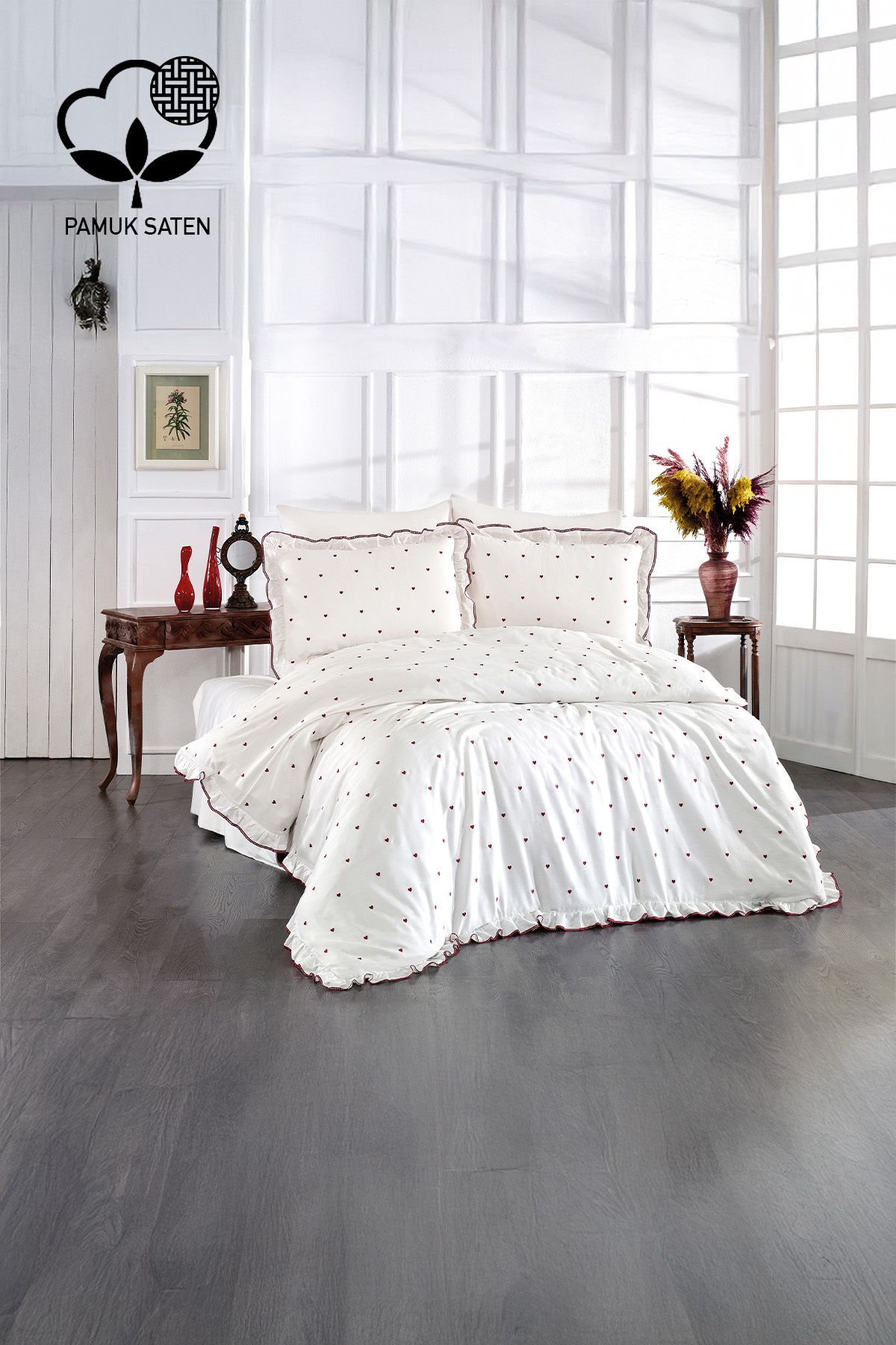 Nazik Home Amore Kalp Nakışlı Pamuk Saten Tek Kişilik 4 Parça Nevresim Takımı
