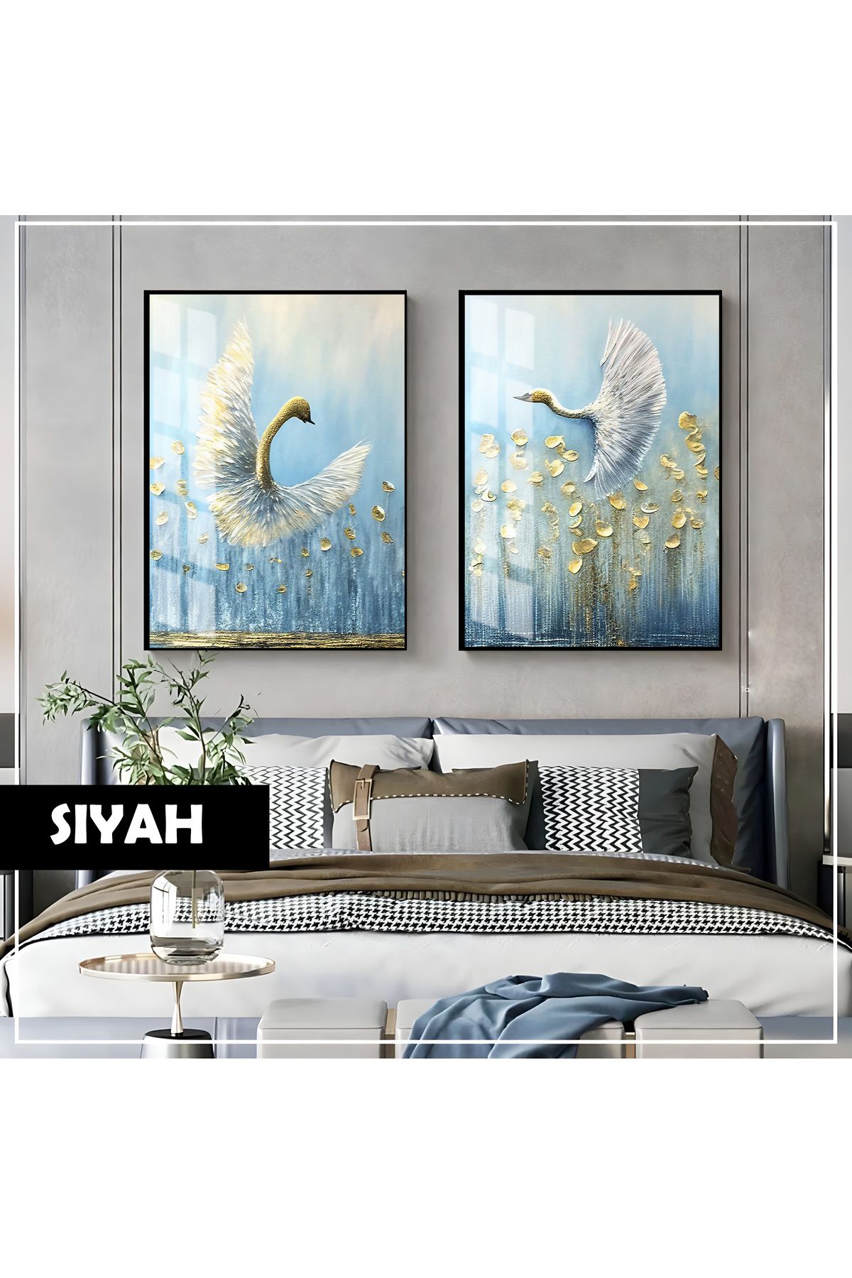 Harikabirev HARİKABİREV|MAVİ-GOLD ABSTRACT KUĞULAR KOMBİNİ|ÇERÇEVELİ CAM TABLO 2Lİ DİKEY