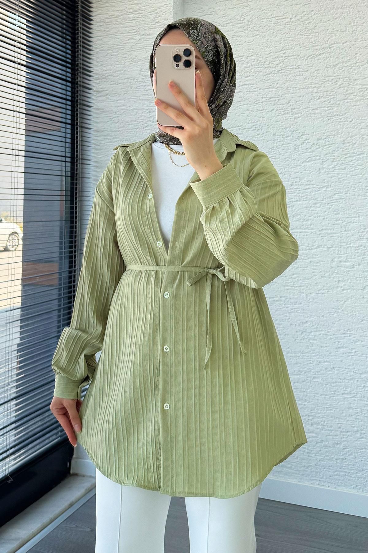 MELEK ARAZ Kuşak Detaylı Oversize Yazlık Tunik - Küf Yeşili