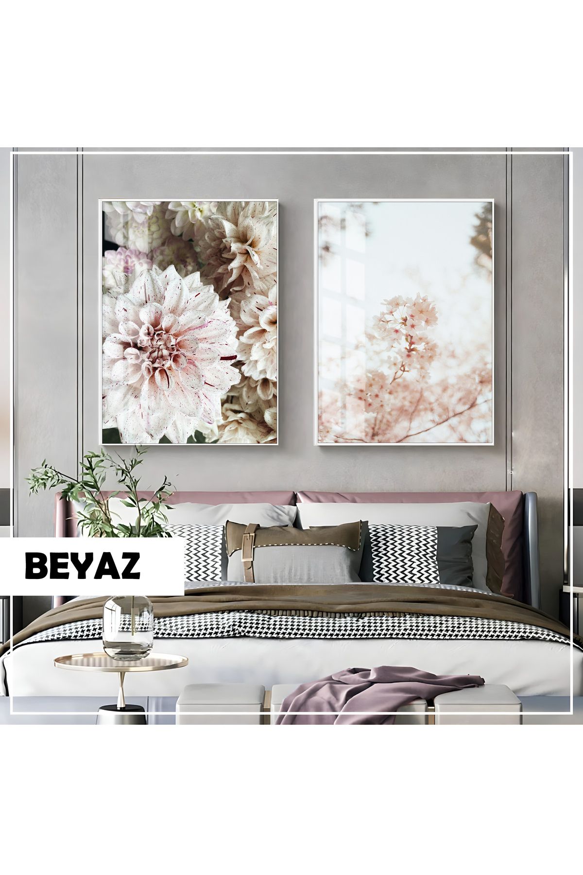 Harikabirev HARİKABİREV|BEYAZ ORTANCA ÇİÇEK KOMBİN (BOTANIC) |ÇERÇEVELİ CAM TABLO 2Lİ DİKEY