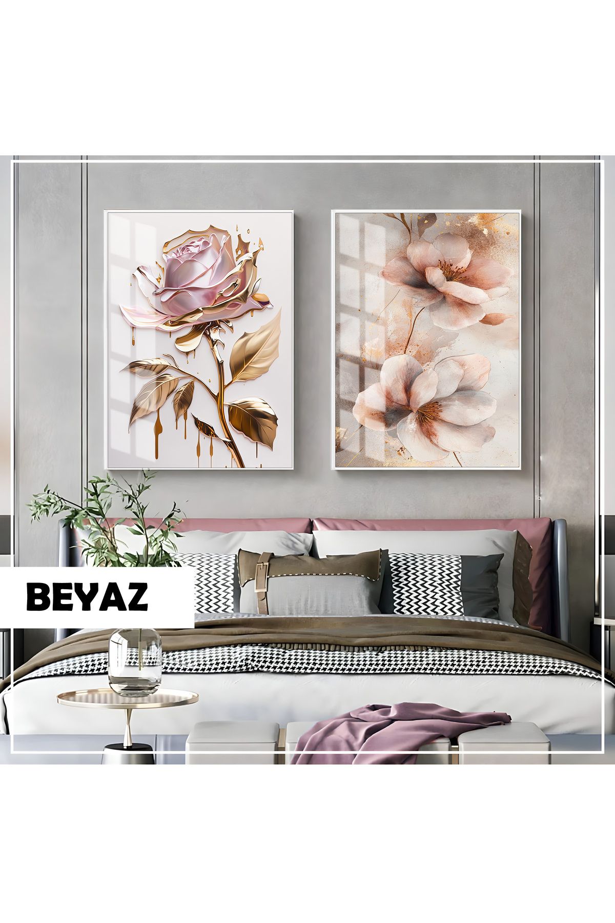 Harikabirev HARİKABİREV|TOZ PEMBE-GOLD GÜL KOMBİN (FLORAL ART) |ÇERÇEVELİ CAM TABLO 2Lİ DİKEY