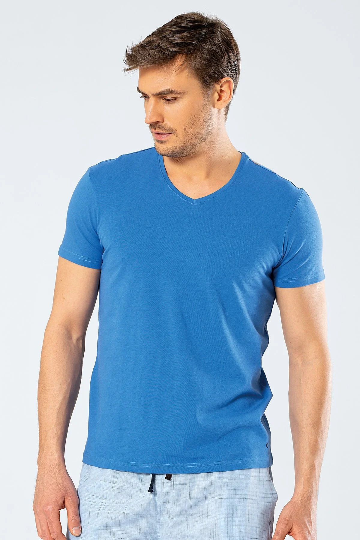 Cacharel Kısa Kollu, Erkek T-shirt, V Yaka Pamuklu & Likralı