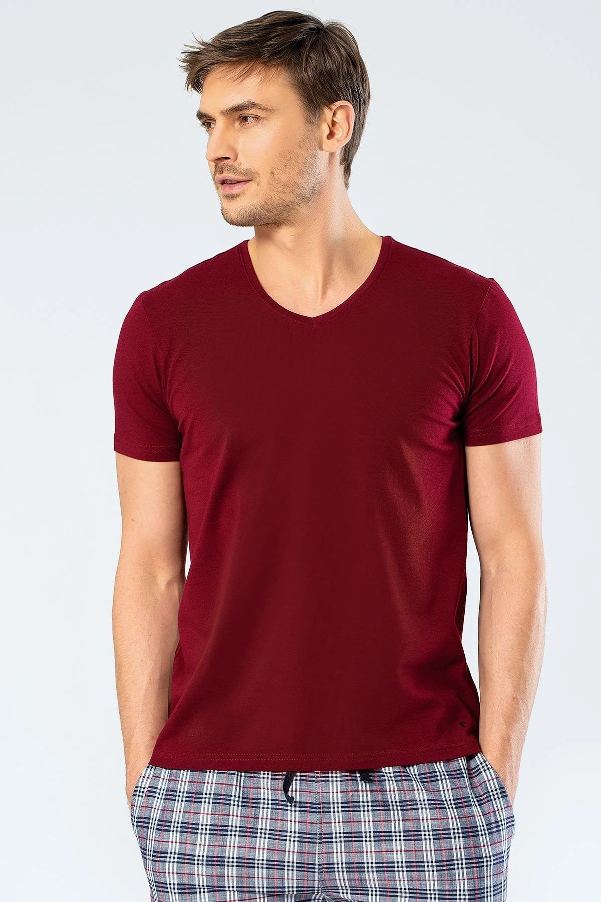 Cacharel Kısa Kollu, Erkek T-shirt, V Yaka Pamuklu & Likralı