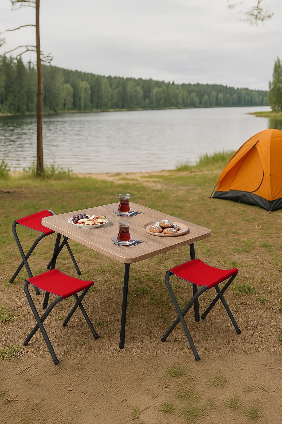 Exent 45X60 cm Kamp Sehpası + 3 Adet KIRMIZI Tabure Piknik, bahçe balkon sehpası Katlanır Sehpa