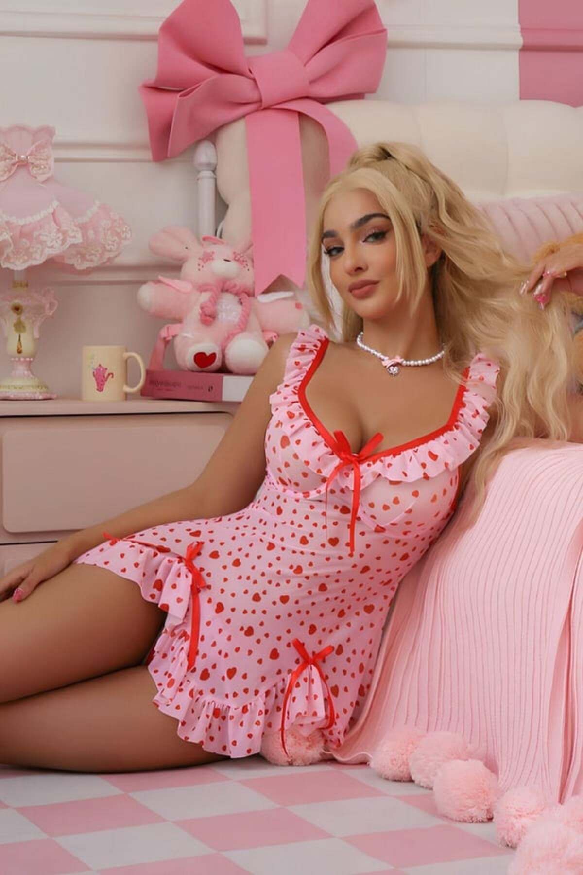 MODA Kadın Fantezi İç Giyim Kalpli Pembe Elbise Gecelik Takımı - Kalpli Elbise Gecelik Kadın Elbise