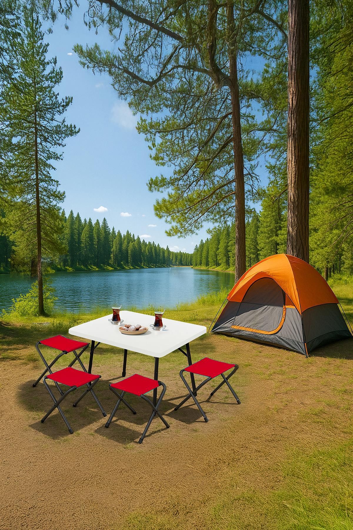 Exent 45X60 cm Kamp Sehpası + 4 Adet KIRMIZI Tabure Piknik, bahçe balkon sehpası Katlanır Sehpa-B-4K