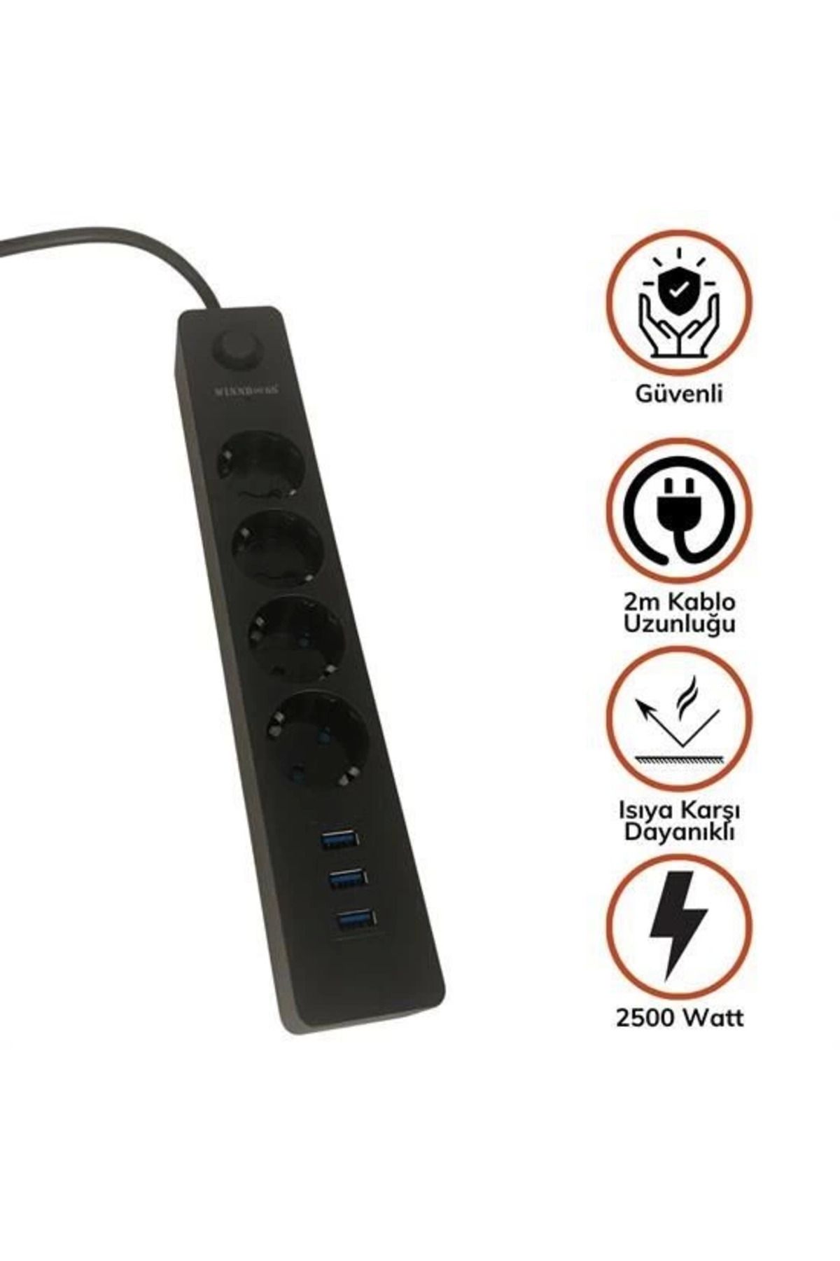 GÜLLÜ E STORE Termal Akım Korumalı 4 Priz 3 Usb Girişli Uzatma Kablolu Priz