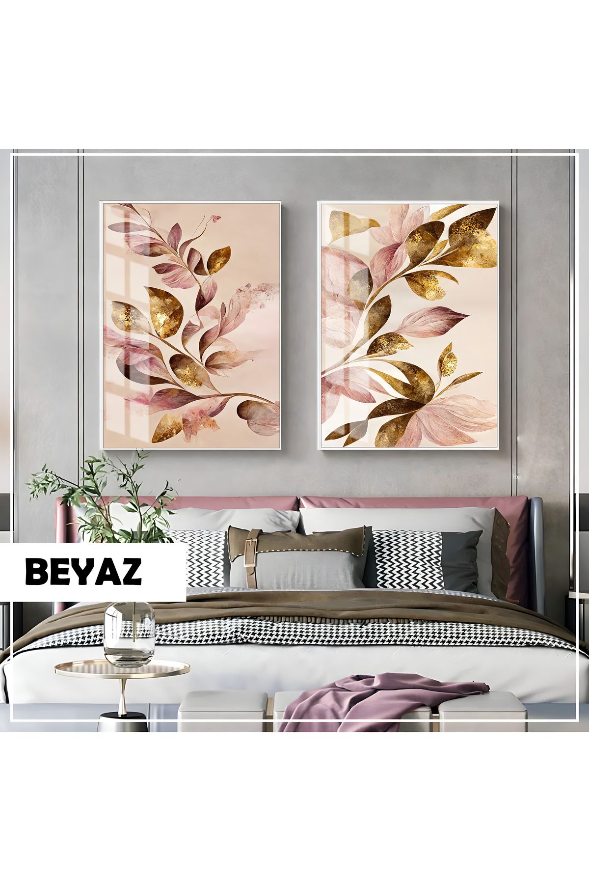 Harikabirev HARİKABİREV|PEMBE GOLD YAPRAKLAR KOMBİNİ(ELEGANT)|ÇERÇEVELİ CAM TABLO 2Lİ DİKEY