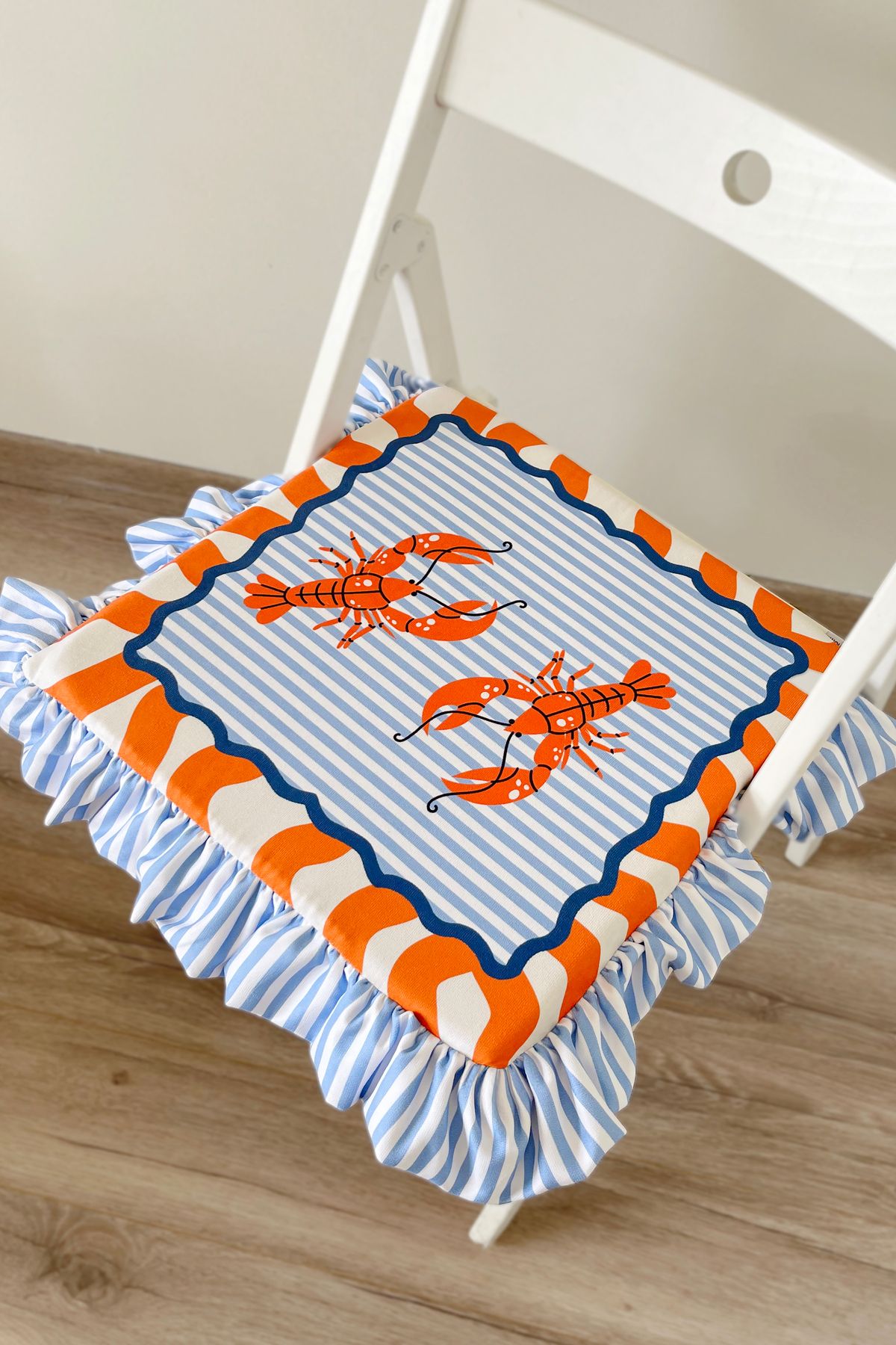 RİTMOHOME Istakoz Desenli Fırfırlı Marin, Yaz, Deniz, Country, Iskandinav, Bohem 40x40 Sandalye Minderi