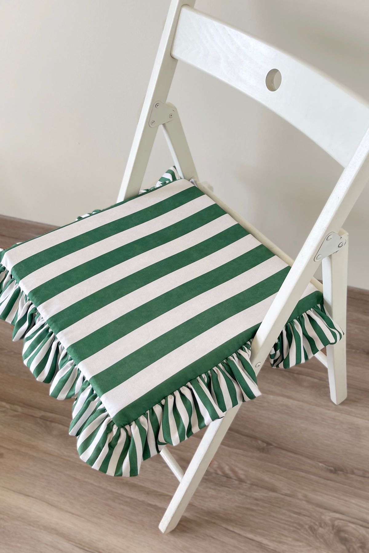 RİTMOHOME Yeşil Çizgili Fırfırlı Marin, Vintage, Deniz, Yaz, Iskandinav, Bohem 40x40 Sandalye Minderi