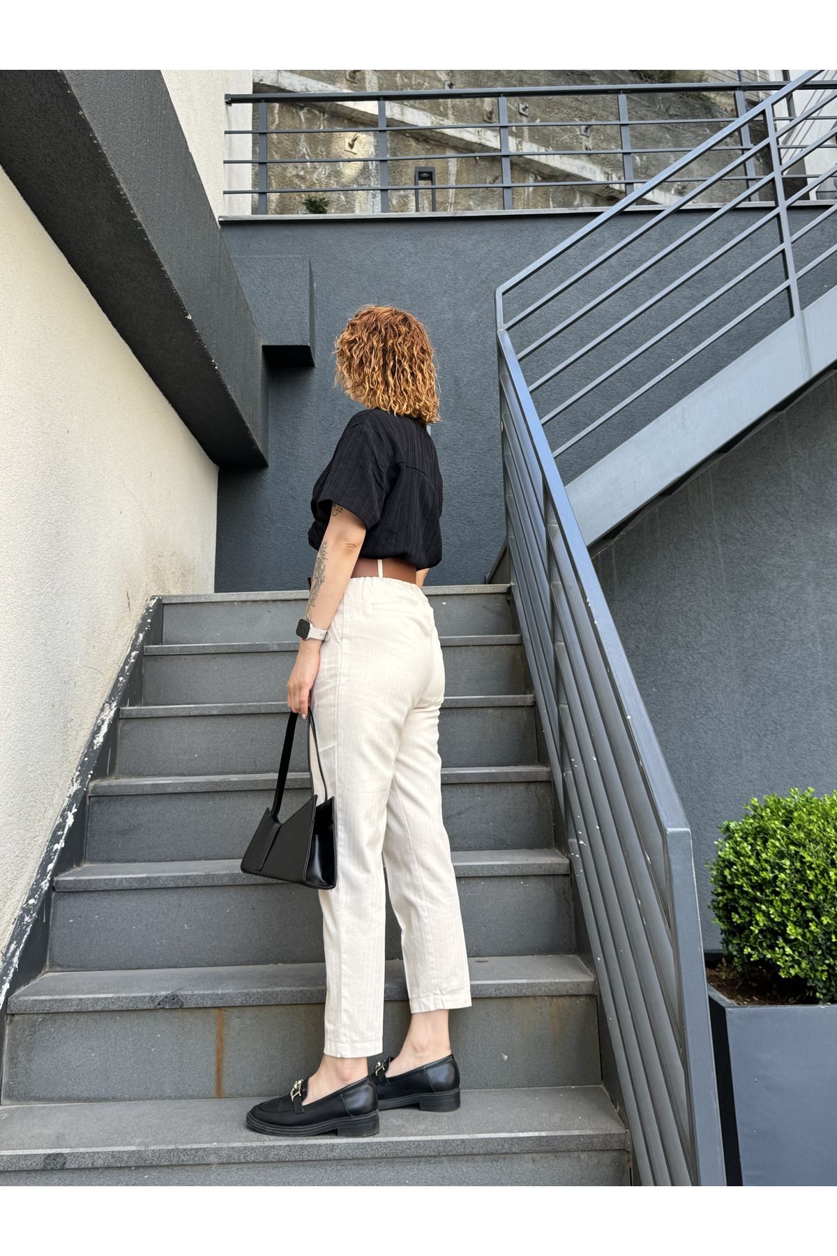 Bak'ap-Carrot Cut Linen Trousers with Elastic Waist Belt 3