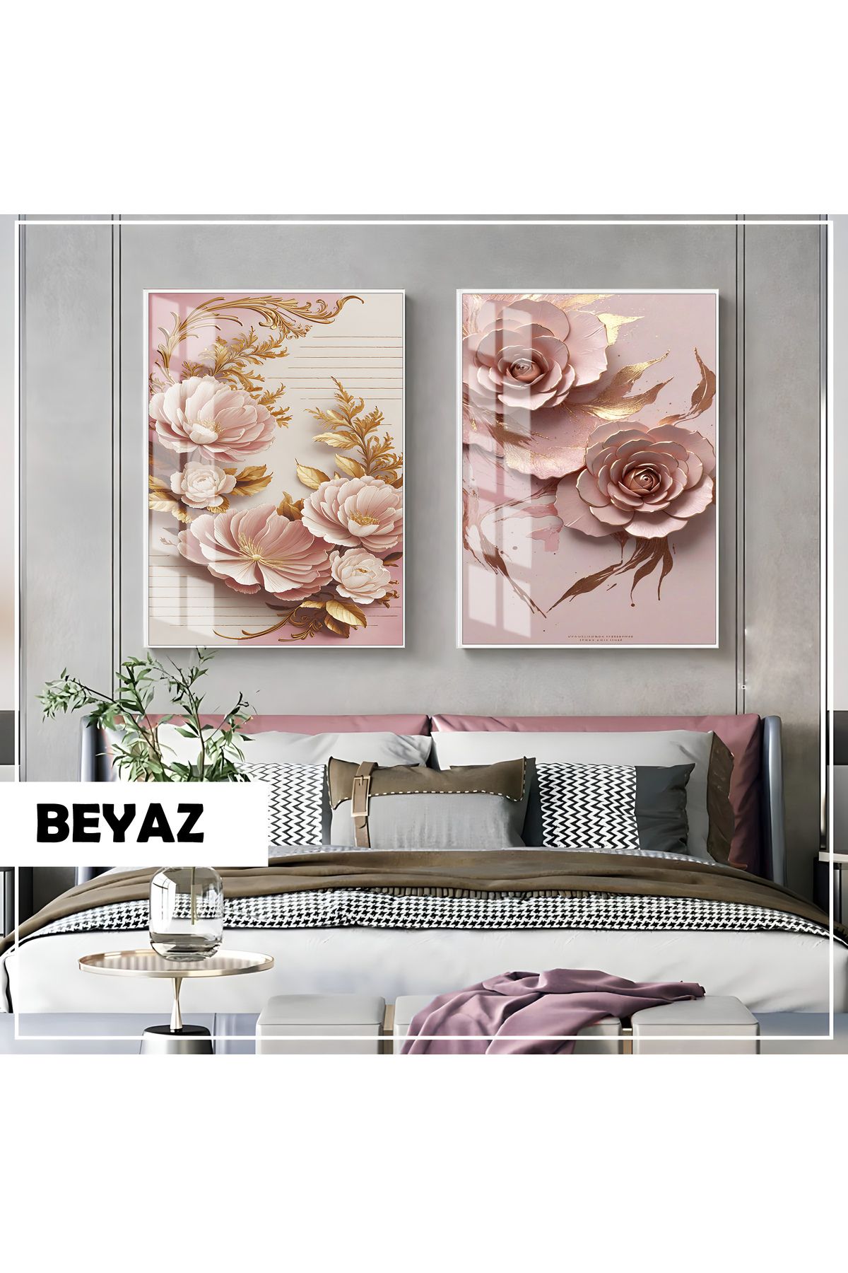 Harikabirev HARİKABİREV|PEMBE GOLD ÇİÇEK KOMBİNİ (ORNATE)|ÇERÇEVELİ CAM TABLO 2Lİ DİKEY