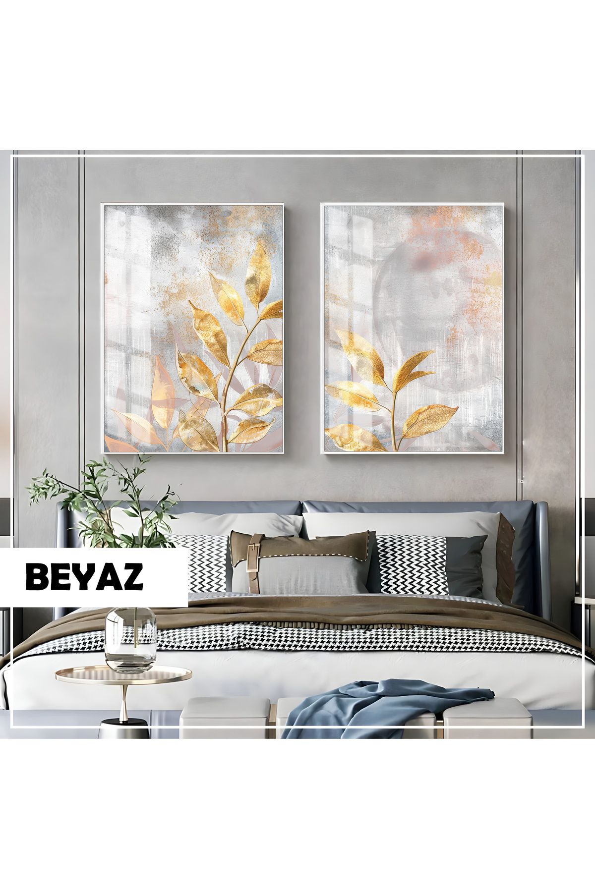 Harikabirev HARİKABİREV|GOLD YAPRAK DALI KOMBİNİ (LEAVES)|ÇERÇEVELİ CAM TABLO 2Lİ DİKEY