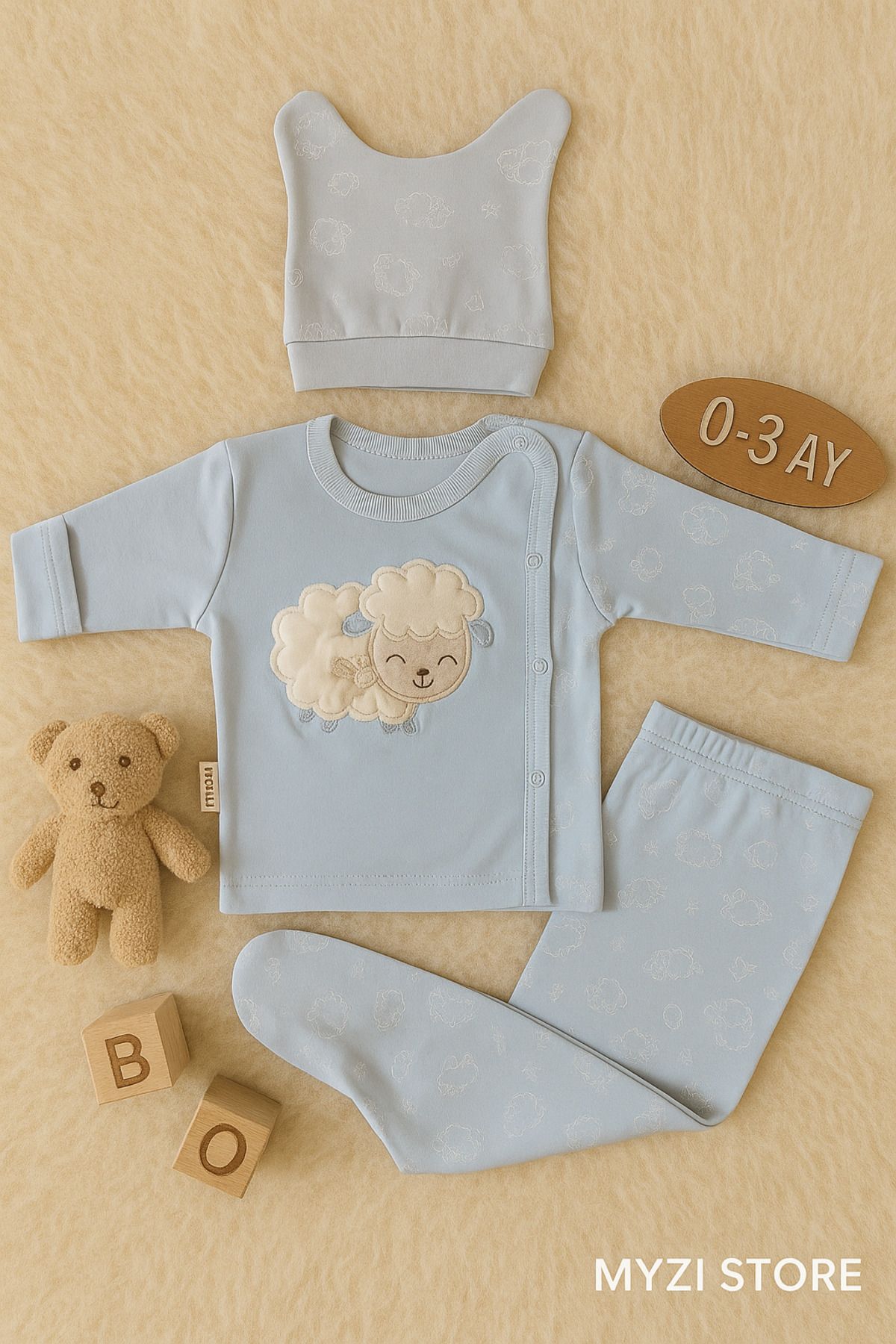 MYZİ STORE %100 Pamuk 3'lü Hastane Çıkışı 0-3 Ay Patikli Alt Uzun Kollu Kendinden Eldivenli Üst Kulaklı Şapka