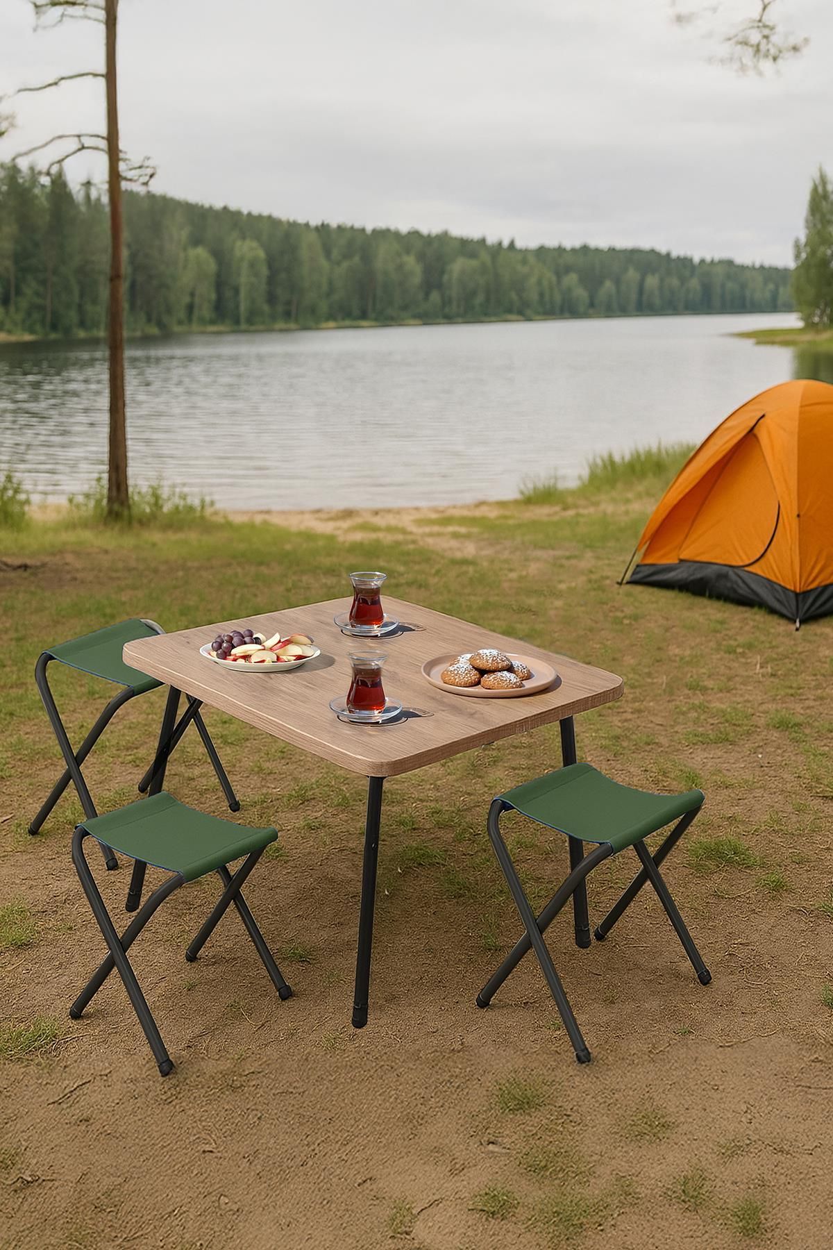 Exent 45X60 cm Kamp Sehpası + 3 Adet YEŞİL Tabure Piknik, bahçe balkon sehpası Katlanır Sehpa-A-3Y