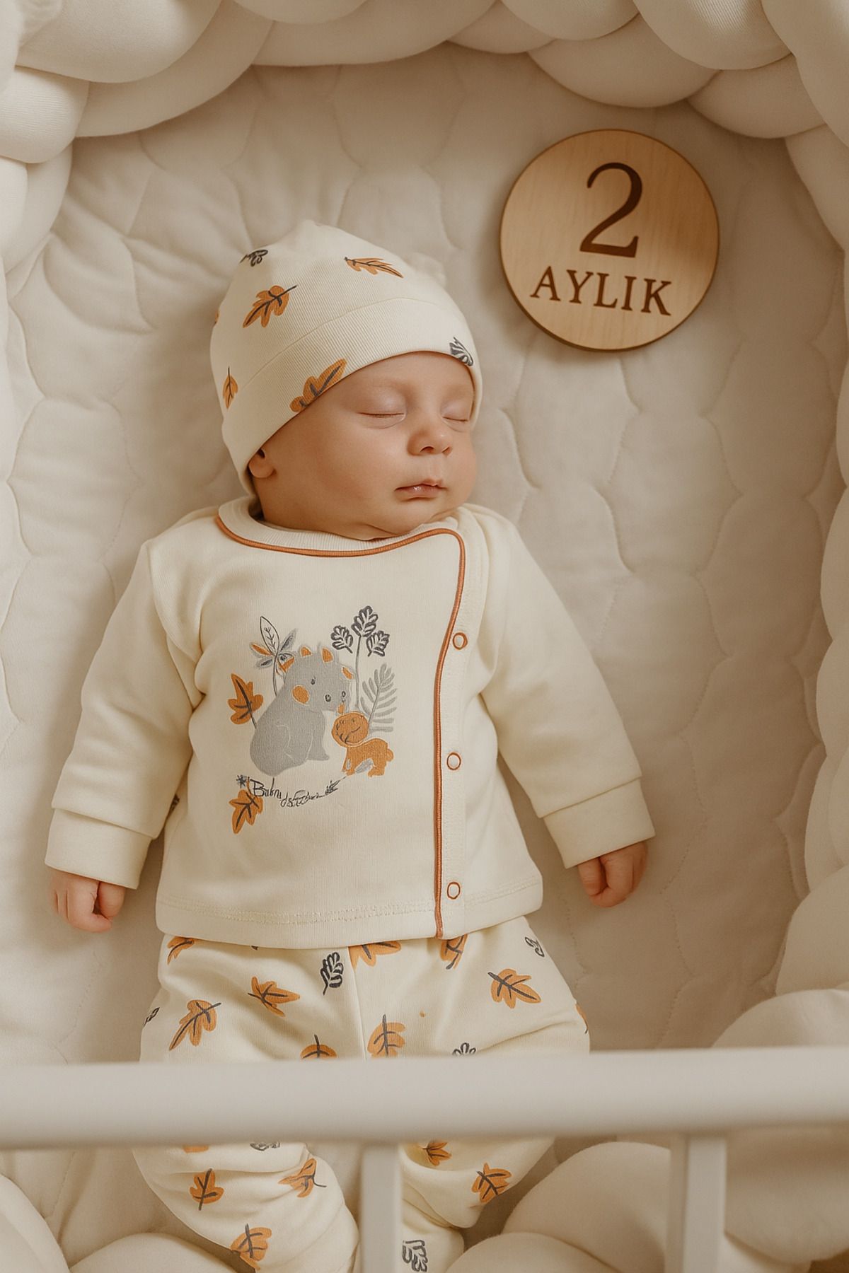 MYZİ STORE %100 Pamuk 3'lü Hastane Çıkışı 0-3 Ay Patikli Alt Uzun Kollu Kendinden Eldivenli Üst Kulaklı Şapka