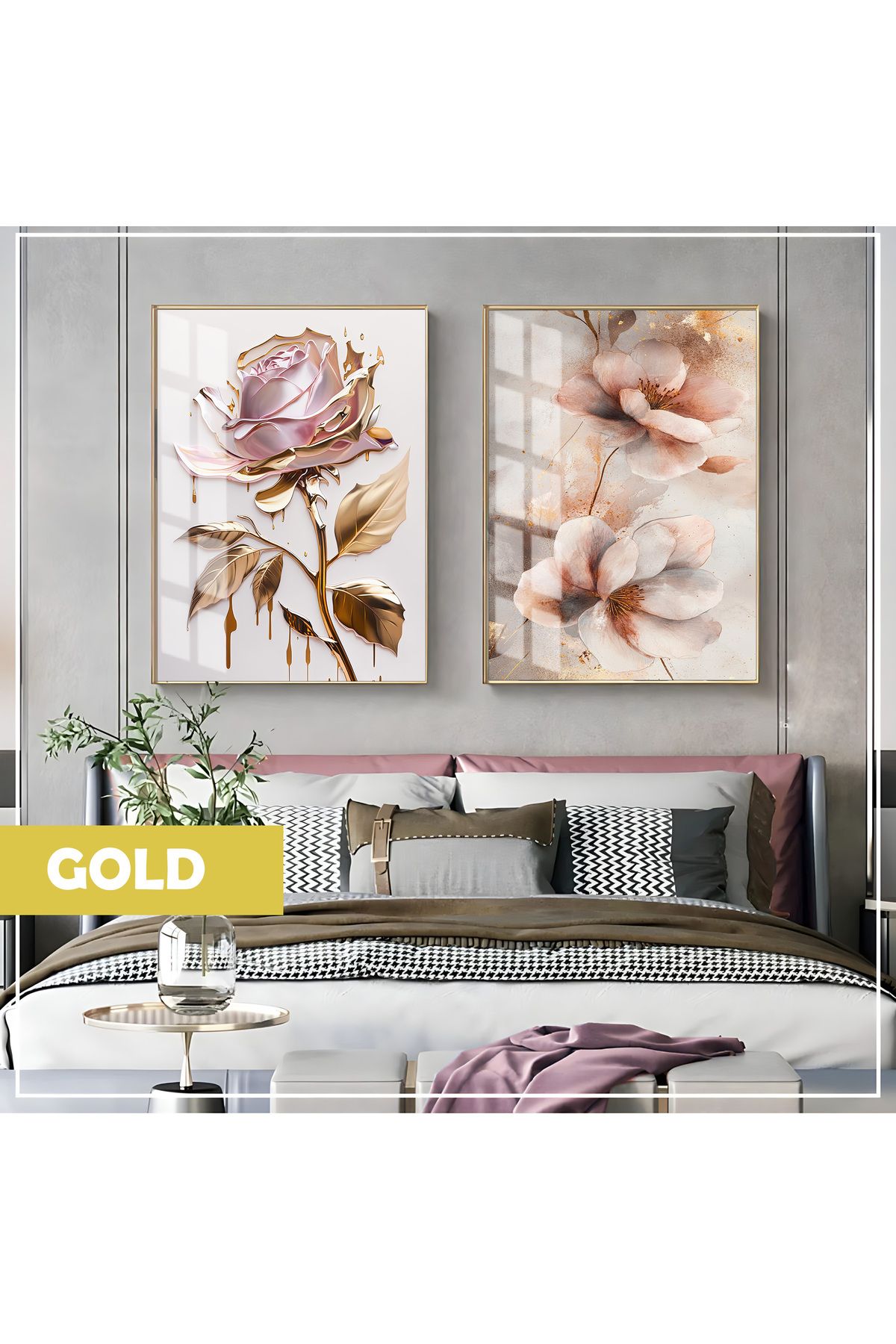Harikabirev HARİKABİREV|TOZ PEMBE-GOLD GÜL KOMBİN (FLORAL ART) |ÇERÇEVELİ CAM TABLO 2Lİ DİKEY