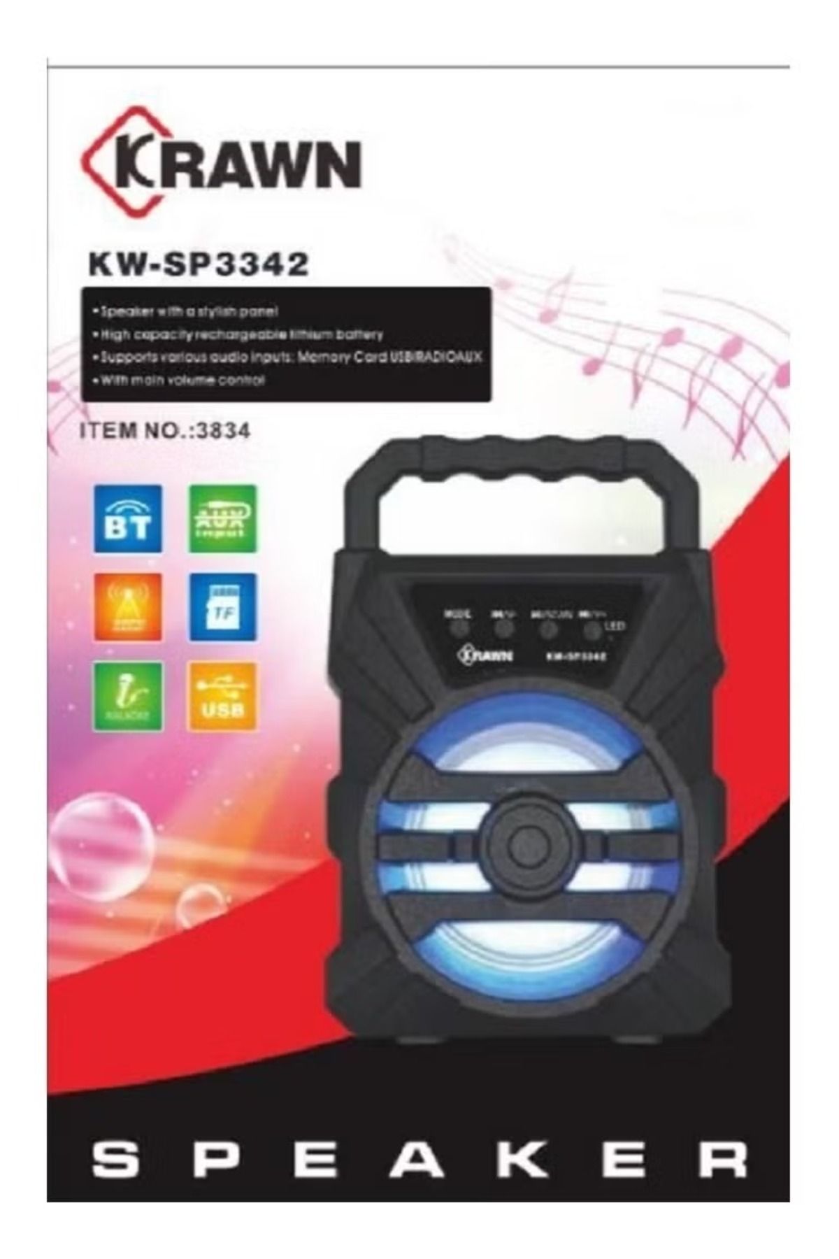 KRAWN-مكبر صوت محمول بتقنية البلوتوث مع راديو FM وبطاقة SD ودعم USB - أسود 2