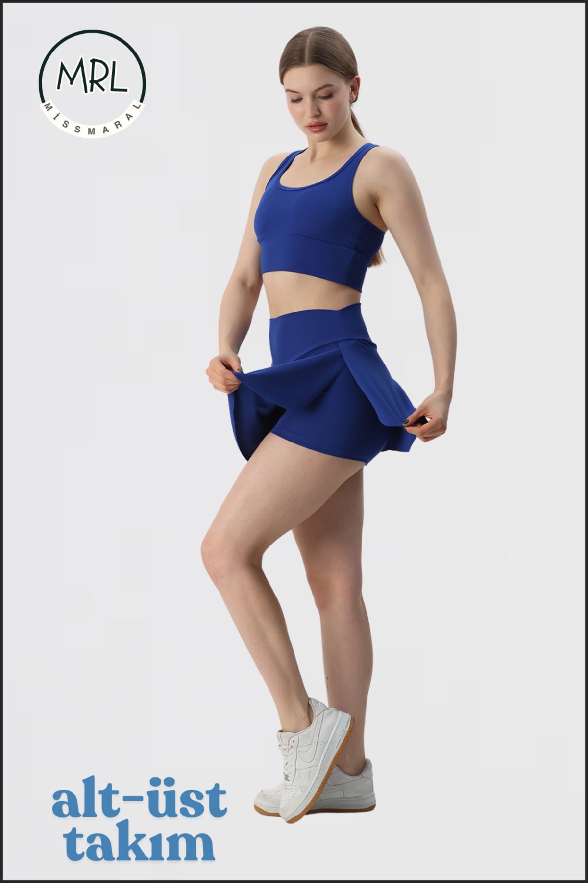 missmaral Kadın Spor Takım Mavi Şort Etek ve Ped Destekli Crop Bra Takım Tenis Deniz Havuz Active Sports