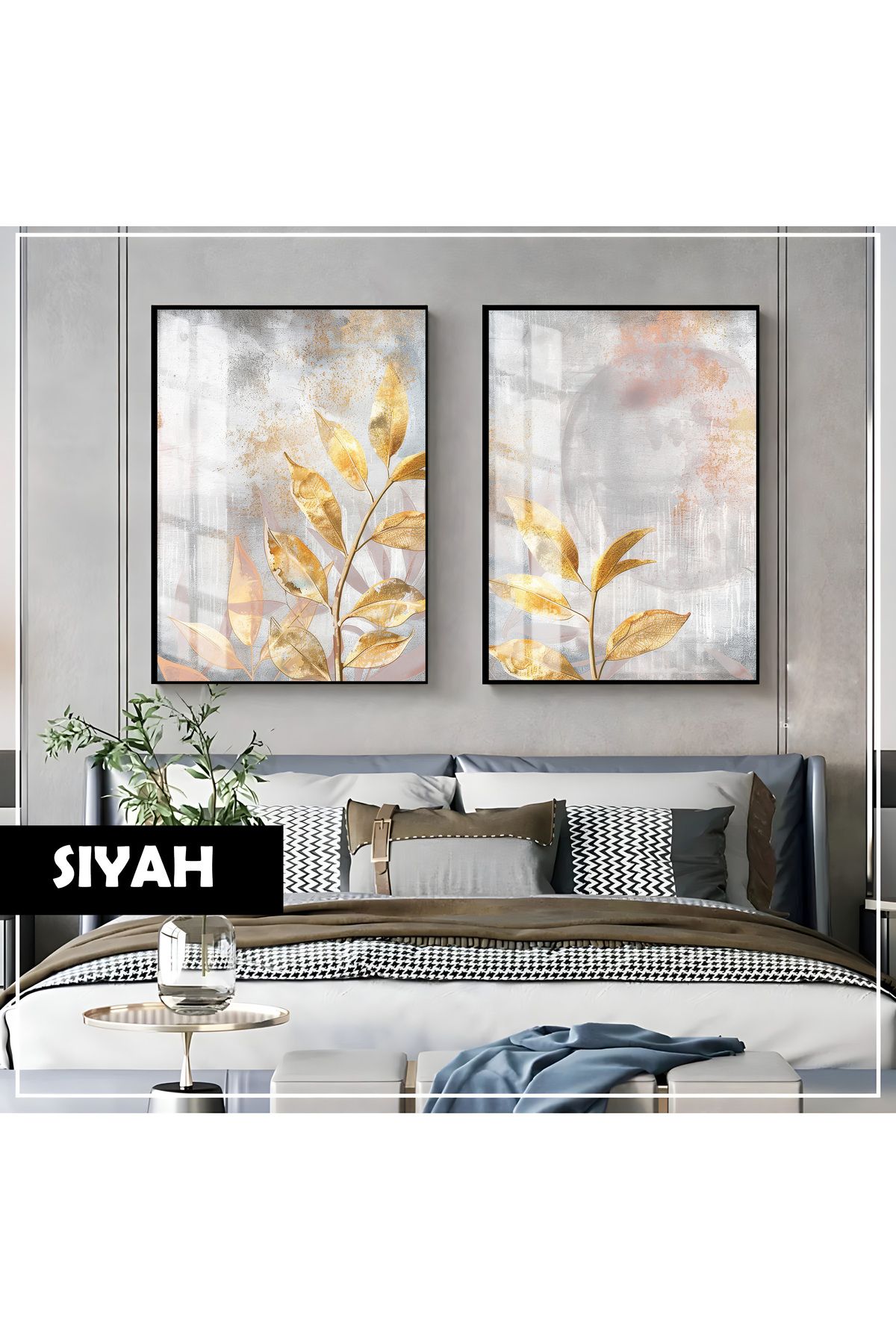 Harikabirev HARİKABİREV|GOLD YAPRAK DALI KOMBİNİ (LEAVES)|ÇERÇEVELİ CAM TABLO 2Lİ DİKEY