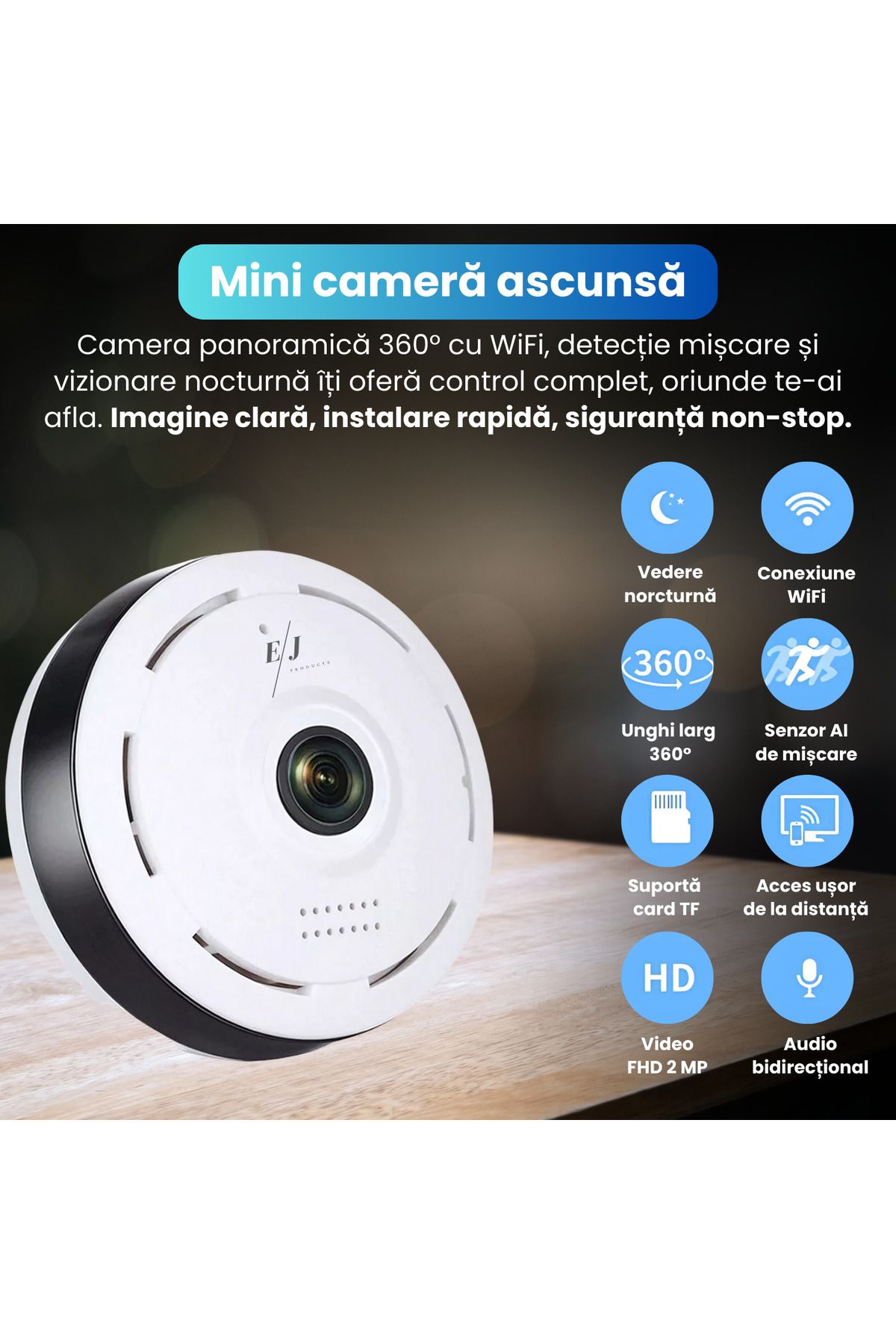 Spionescu-Cameră mini ascunsă WiFi cu obiectiv Fisheye la 360° de 1,44 mm, detectare mișcare prin inteligență artificială, audio bidirecțional 2