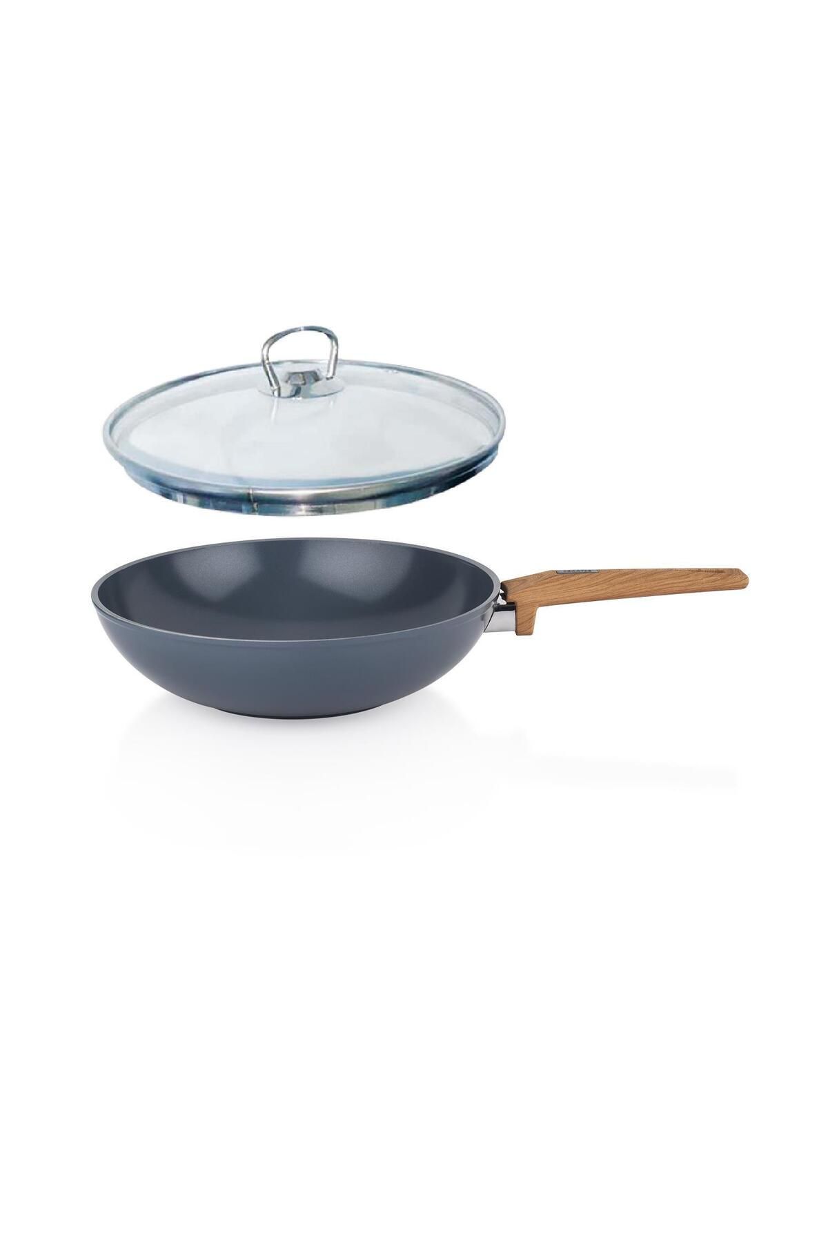 Altabi Seramik Wok Tava 28 CM Yanmaz Yapışmaz Yüzey Cam Kapaklı Sc ha fer