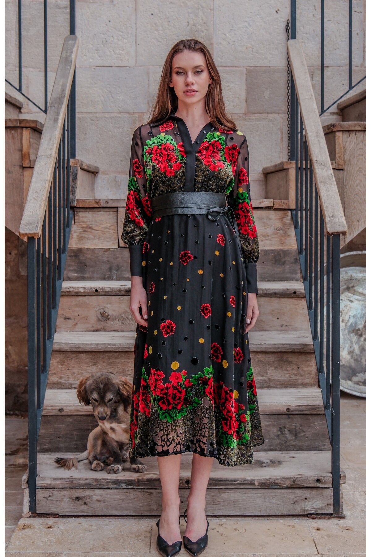 Esra Semiz GÜL VARAKLI ŞİFON ELBİSE, ASKILI İÇLİK
