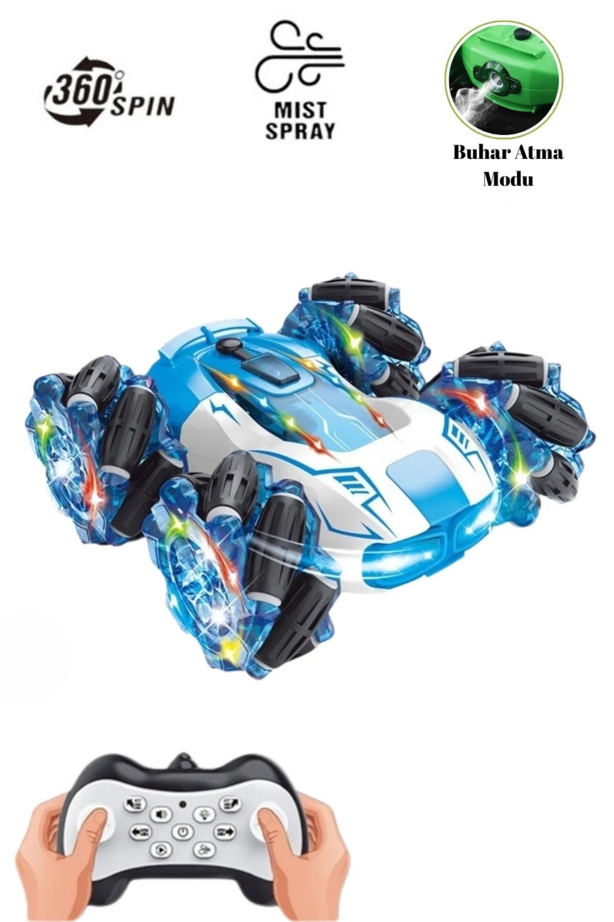 TRENDZONE Full Fonksiyon Şarjlı Müzikli Işıklı 360 Derece Dönebilen Buhar Atan Stunt Drift Akrobat Araba 16cm