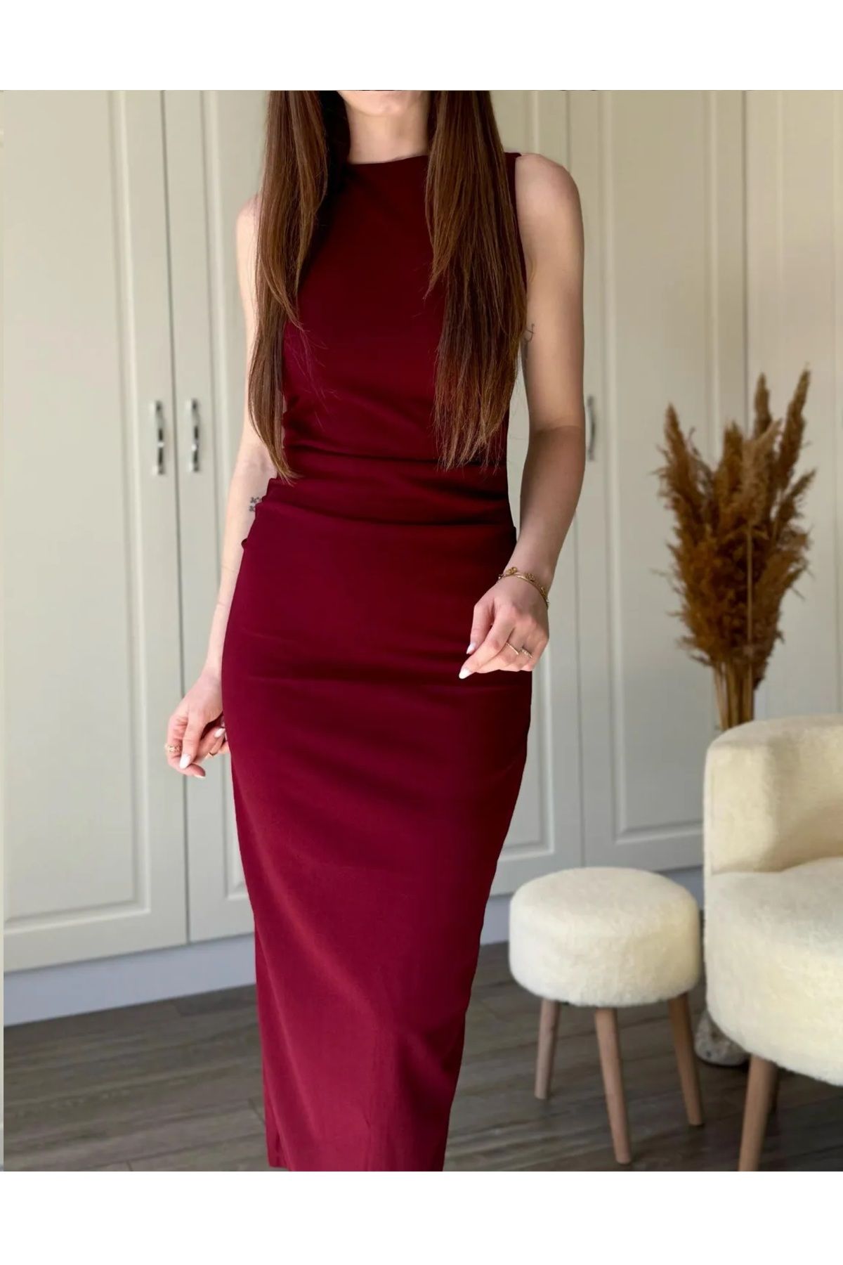 LACASE Drapeli Midi Bordo Elbise
