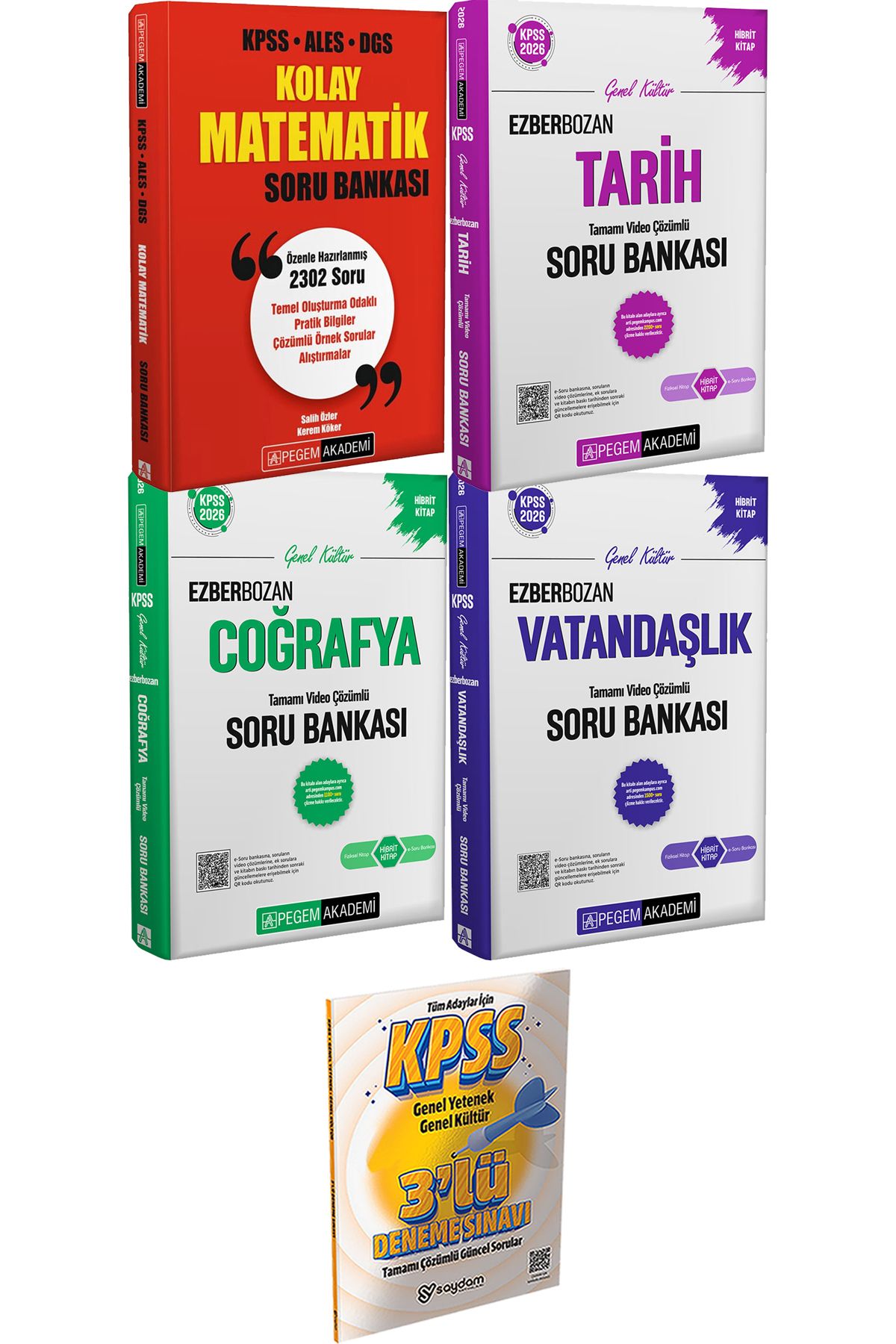 Pegem Akademi Yayıncılık Kolay Matematik Soru Bankası - Ezberbozan Tarih Coğrafya Vatandaşlık Soru + 3 Deneme