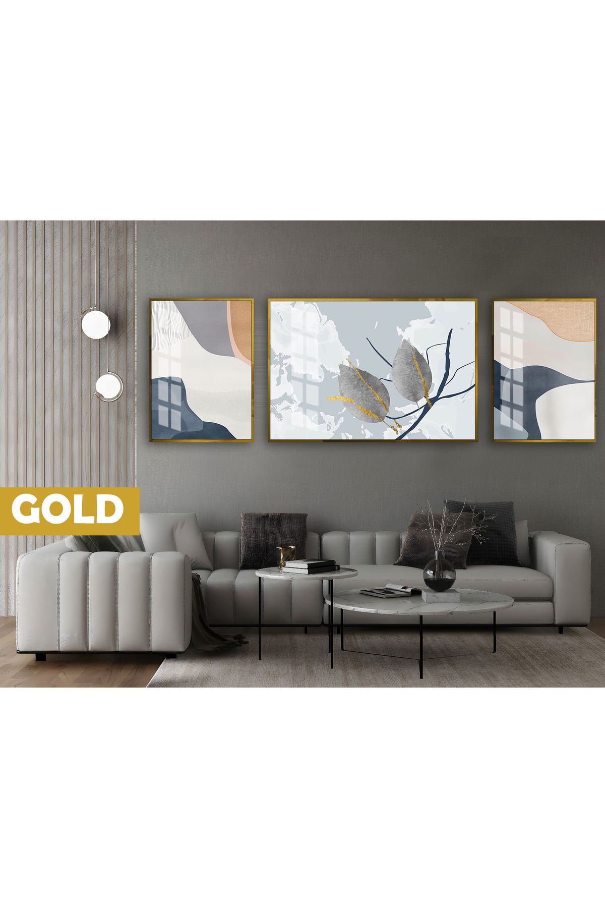Harikabirev HARİKABİREV|(ABSTRACT) GOLD-GRİ SOFT YAPRAK DALI MODELİ|ÇERÇEVELİ TEMPERLİ CAM TABLO 3LÜ YATAY