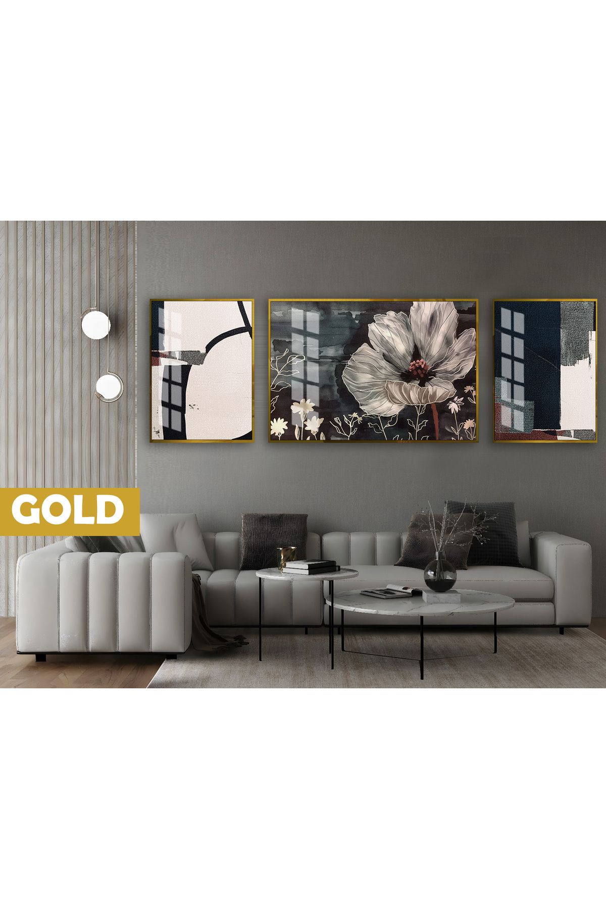 Harikabirev HARİKABİREV|(ABSTRACT) BOTANİK-ELEGANT ÇİÇEK MODELİ|ÇERÇEVELİ TEMPERLİ CAM TABLO 3LÜ YATAY