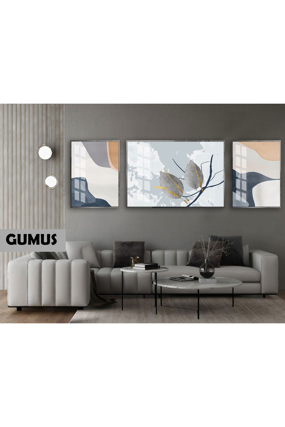 Harikabirev HARİKABİREV|(ABSTRACT) GOLD-GRİ SOFT YAPRAK DALI MODELİ|ÇERÇEVELİ TEMPERLİ CAM TABLO 3LÜ YATAY