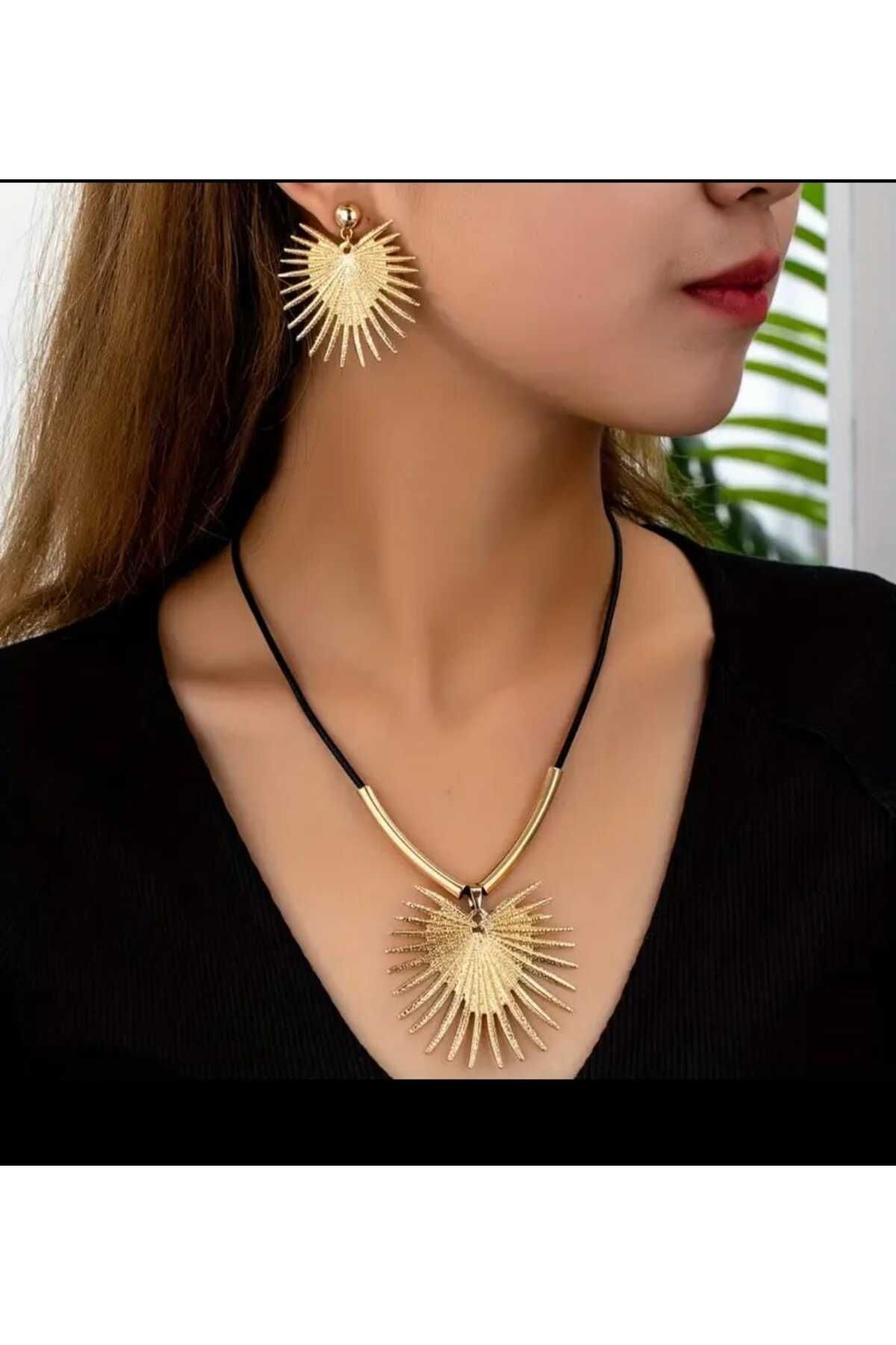 beynaaksesuar Gold Kaplamalı Kolye ve Küpe Set Sevgiliye Hediye Anneye Hediye