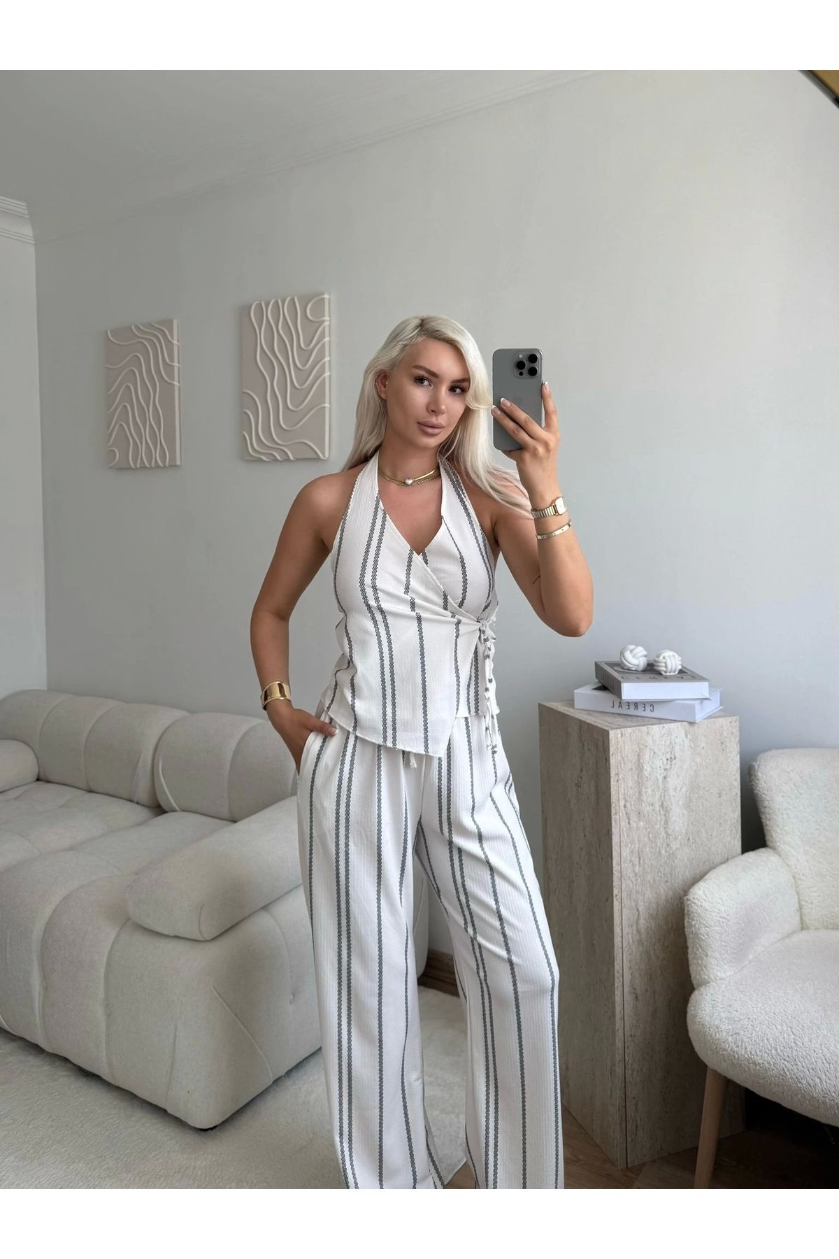 Zora Butik Twist Sırt Dekolte İkili Takım - ÇİZGİLİ