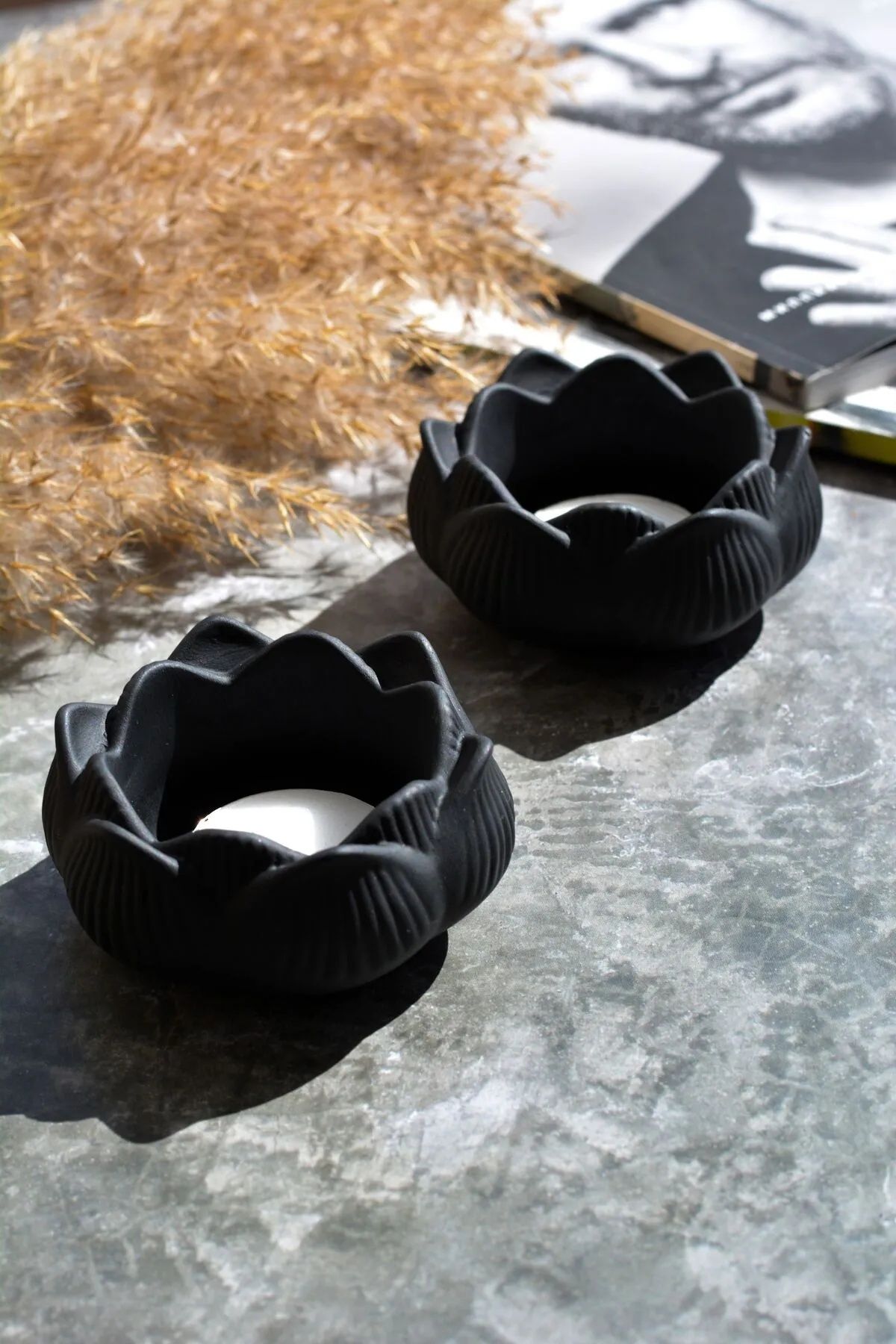 candlerock Lotus Tealight Mumluk 2’li Set – Siyah