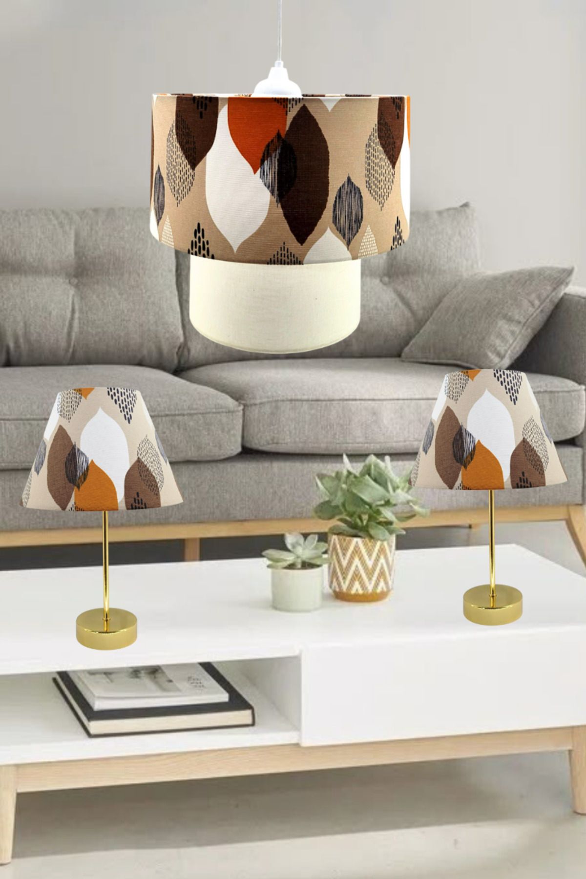 Decodelight Keten Kumaş Bahar Yaz Model Salon Oturma Odası Hol Tekli Sarkıt Avize ve Abajur Seti