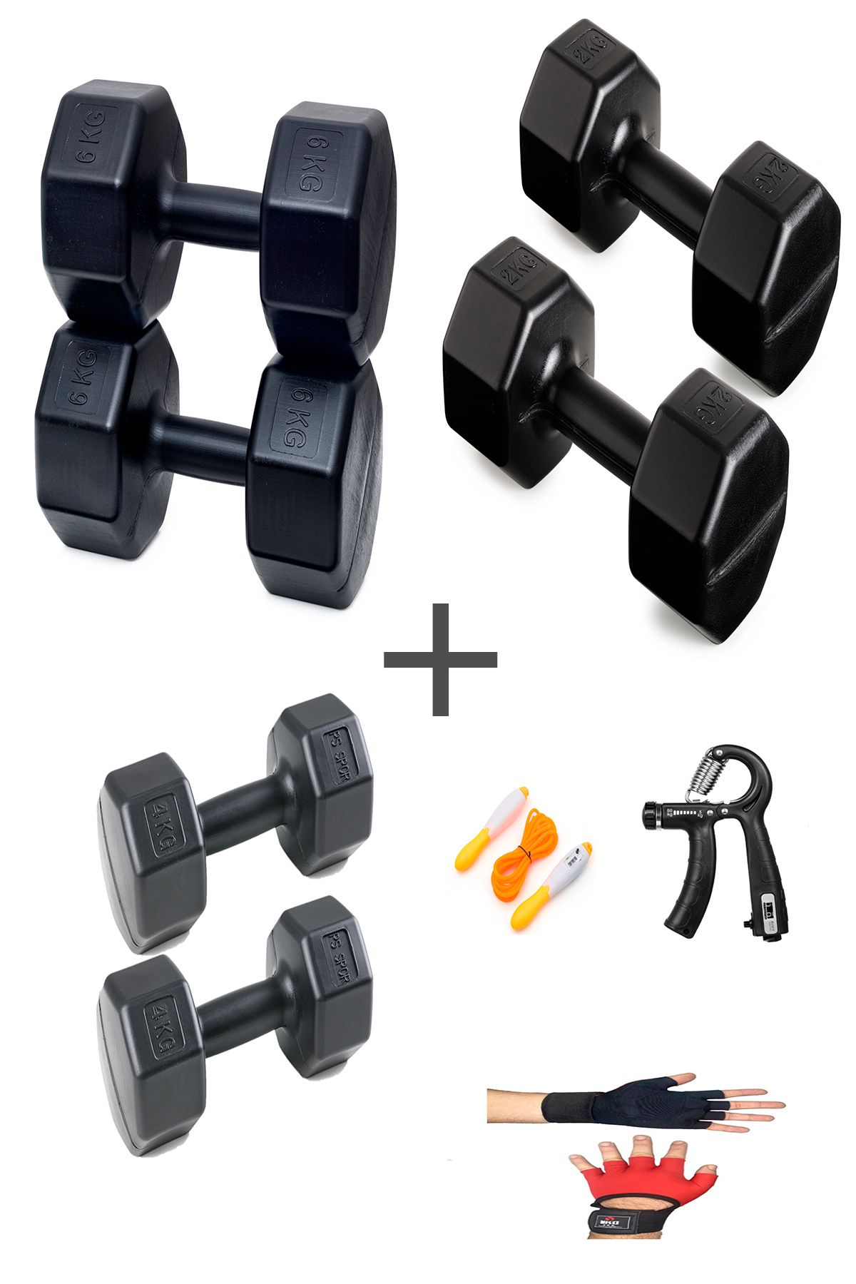 Besinistanbul PS SPOR 3 ÇİFT DAMBIL SET 2 KG + 4 KG + 6 KG + ELDİVEN AYARLANABİLİR SAYAÇLI YAY VE ATLAMA İPİ