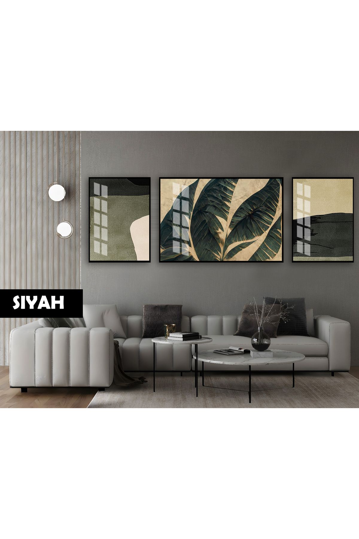 Harikabirev HARİKABİREV|(ABSTRACT) YEŞİL PALM YAPRAK MODELİ|ÇERÇEVELİ TEMPERLİ CAM TABLO 3LÜ YATAY