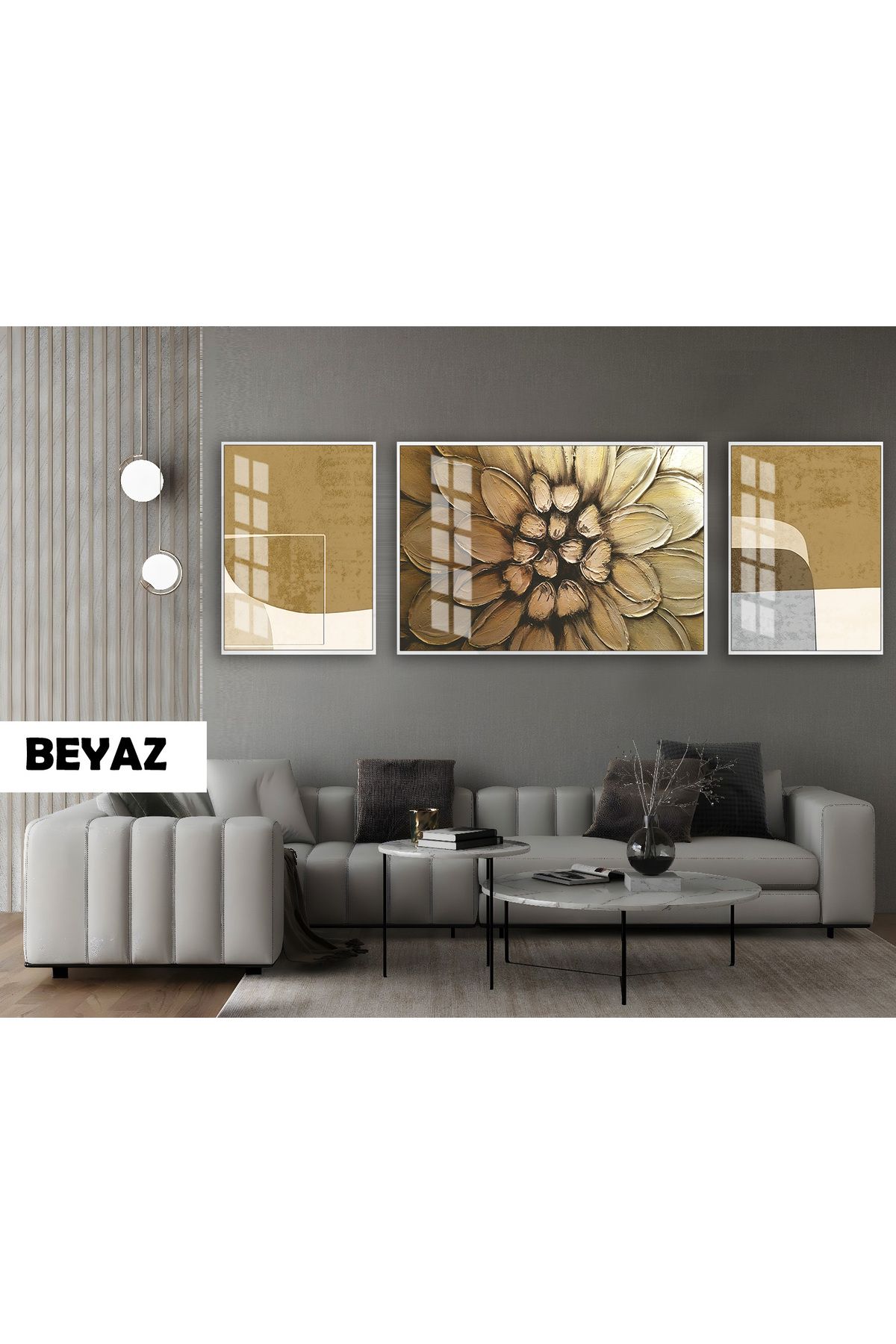 Harikabirev HARİKABİREV|(ABSTRACT) GOLD YILDIZ ÇİÇEĞİ MODELİ (STAR) |ÇERÇEVELİ TEMPERLİ CAM TABLO 3LÜ YATAY