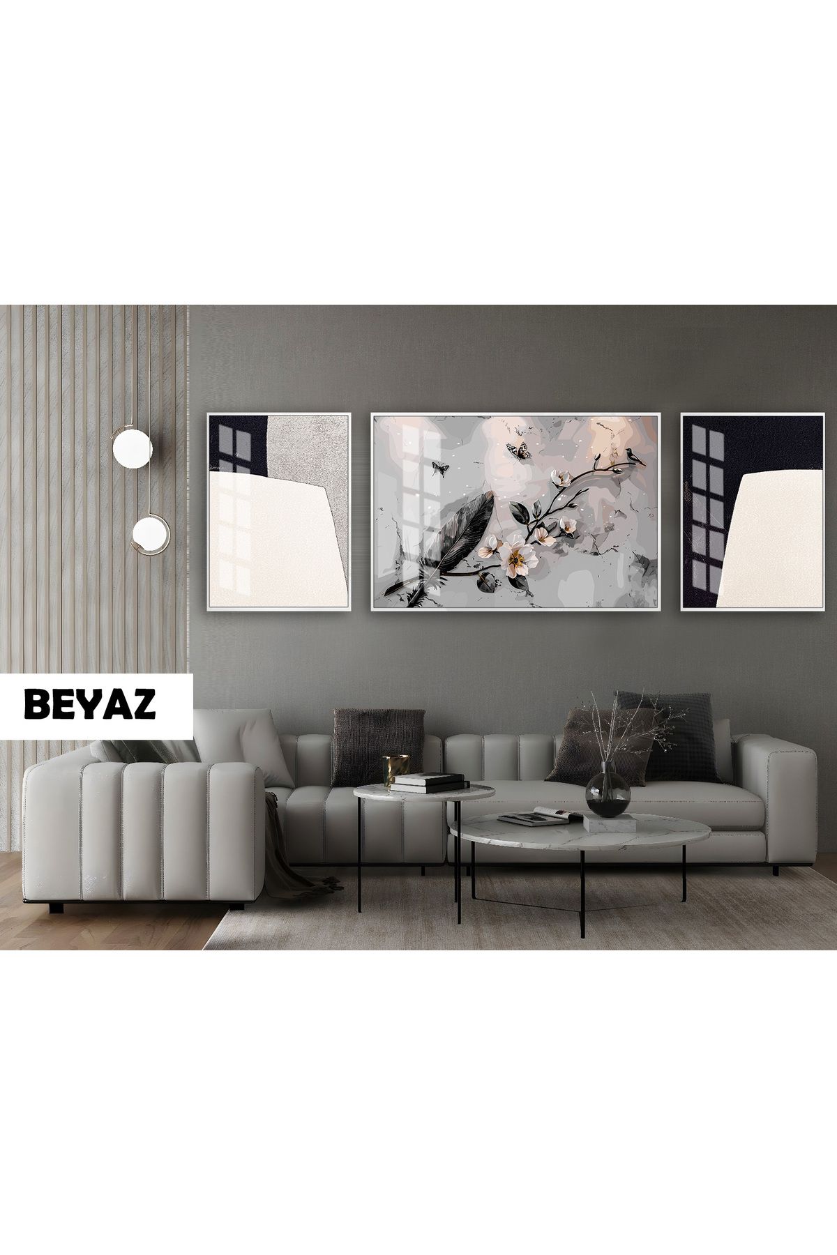Harikabirev HARİKABİREV|(ABSTRACT) BOTANİK ÇİÇEK DALI MODELİ|ÇERÇEVELİ TEMPERLİ CAM TABLO 3LÜ YATAY