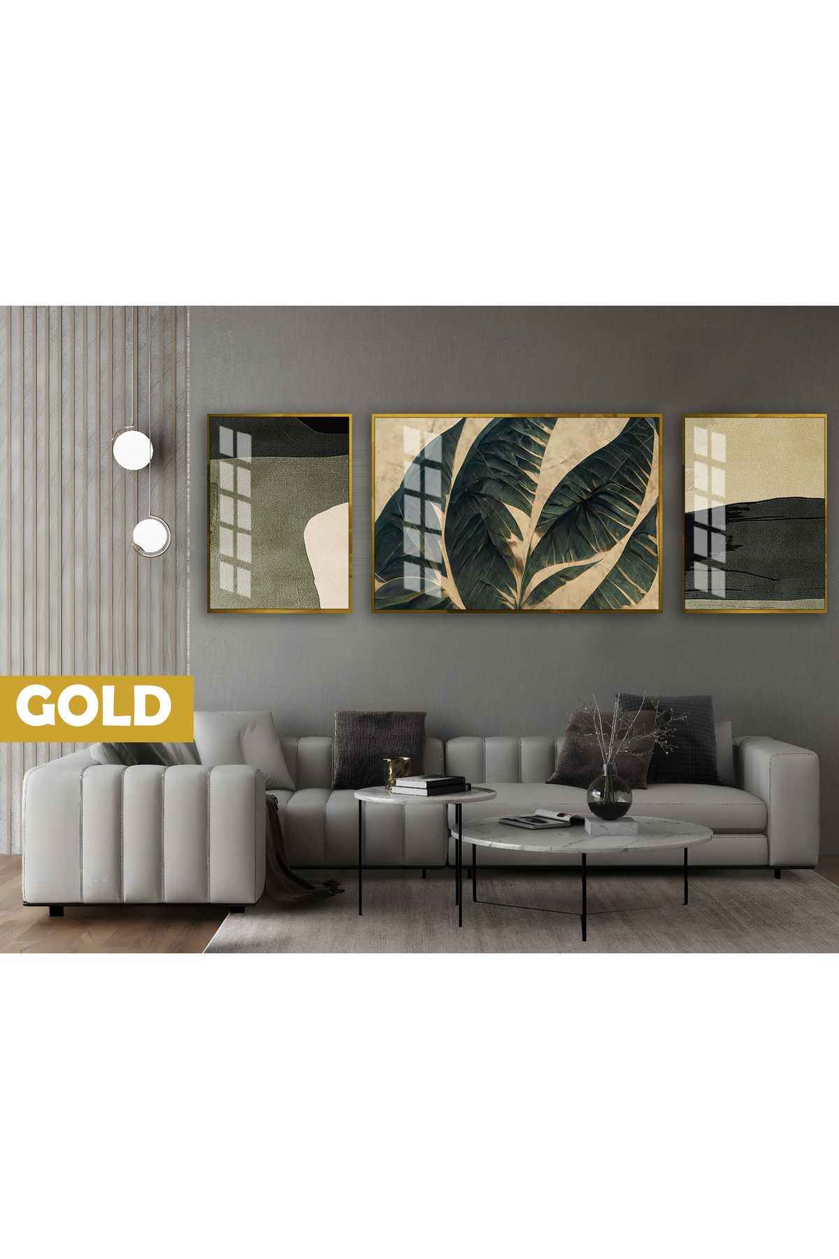 Harikabirev HARİKABİREV|(ABSTRACT) YEŞİL PALM YAPRAK MODELİ|ÇERÇEVELİ TEMPERLİ CAM TABLO 3LÜ YATAY