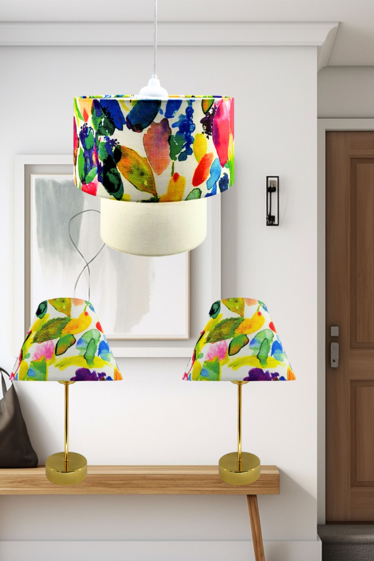 Decodelight Keten Kumaş Bahar Yaz Model Salon Oturma Odası Hol Tekli Sarkıt Avize ve Abajur Seti