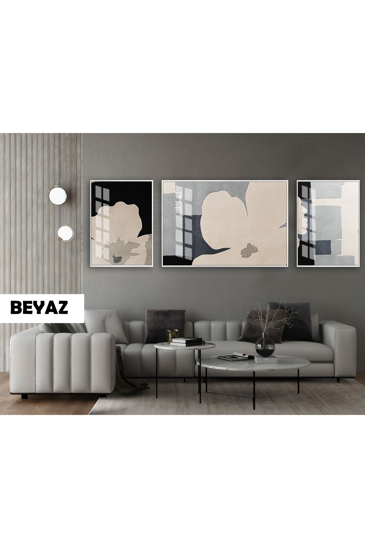 Harikabirev HARİKABİREV|(ABSTRACT) SOYUT SOFT ÇİÇEK DESEN MODELİ|ÇERÇEVELİ TEMPERLİ CAM TABLO 3LÜ YATAY